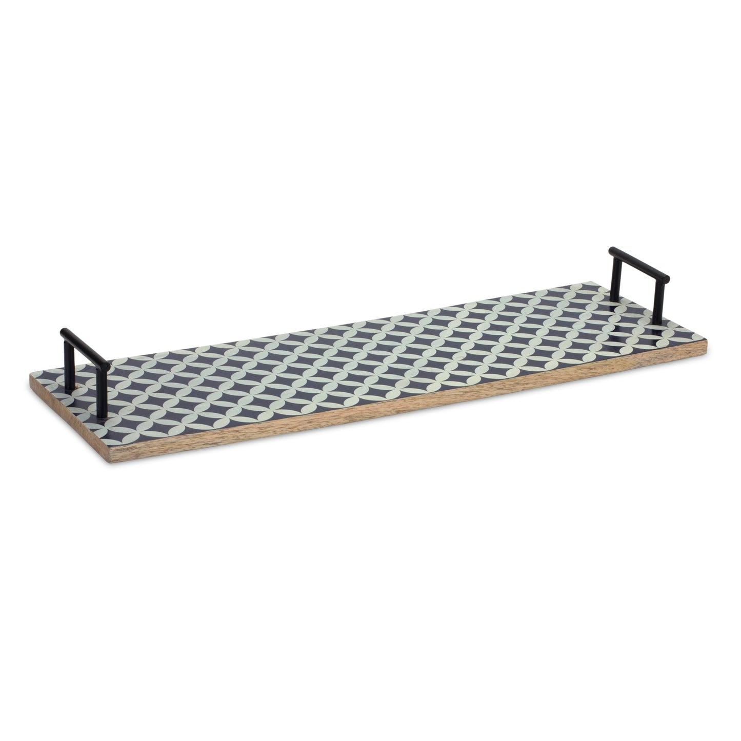 Mango Wood Tray with Geometric Design and Metal Handle Accents (Set of 2)