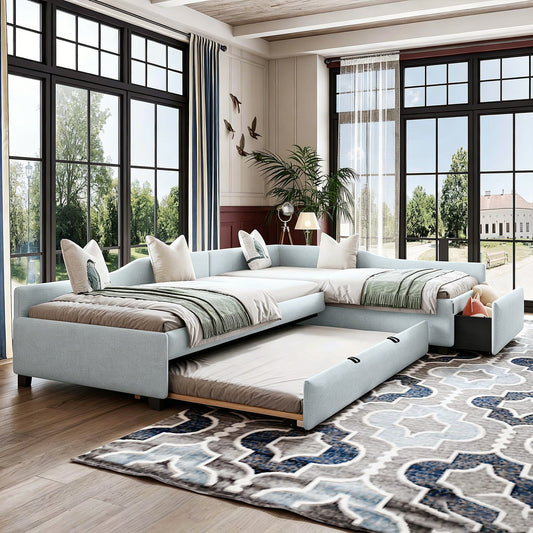 Upholstered Double Twin Size Daybed with Trundle and Drawer