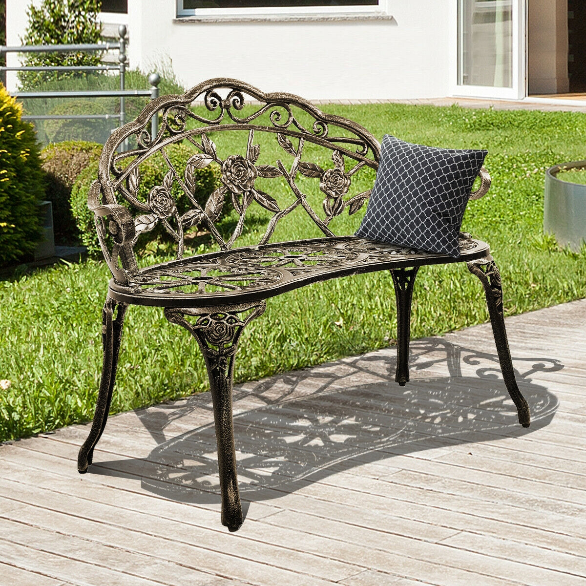 Outdoor Cast Aluminum Patio Bench Antique Rose