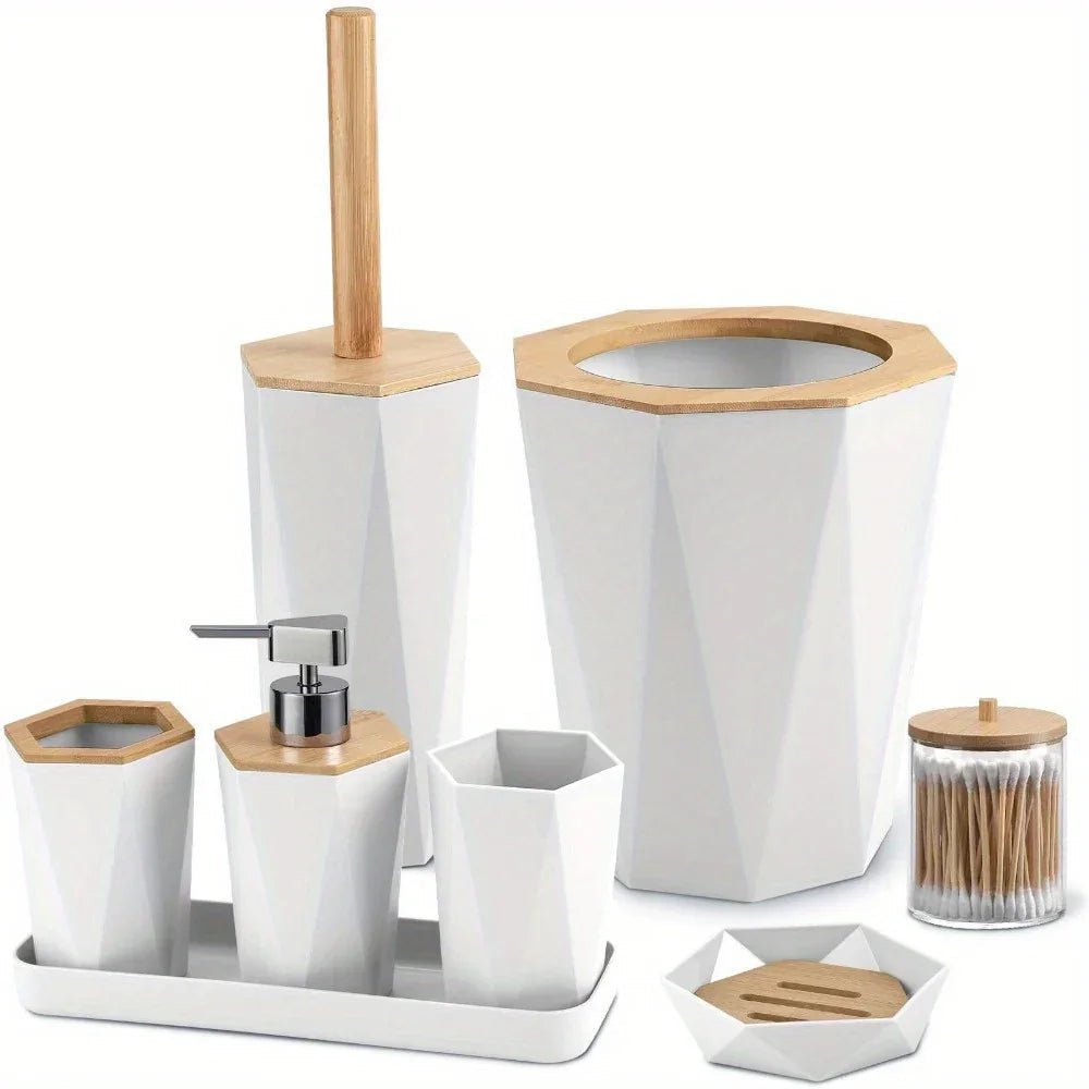 8pcs Bathroom Accessory Sets - Includes Toothbrush Holder, Cup, Soap Dispenser, Dish, Swab Box, Lotion Bottle, Toilet Brush, and Trash Can, Bathroom Supplies, Ideal Housewarming Gift, Bathroom Decor and Accessories