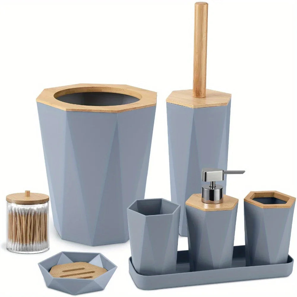 8pcs Bathroom Accessory Sets - Includes Toothbrush Holder, Cup, Soap Dispenser, Dish, Swab Box, Lotion Bottle, Toilet Brush, and Trash Can, Bathroom Supplies, Ideal Housewarming Gift, Bathroom Decor and Accessories