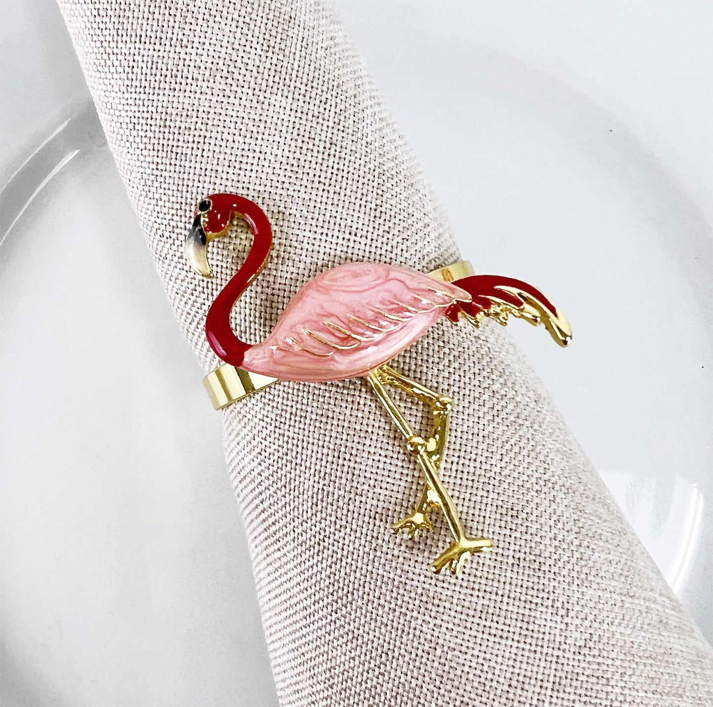 Fennco Styles Enamel Glazed Flamingo Metal Napkin Rings, Set of 4 - Beige Decorative Napkin Holders for Home, Dining Room, Banquets, Family Gatherings, Holidays and Special Occasions