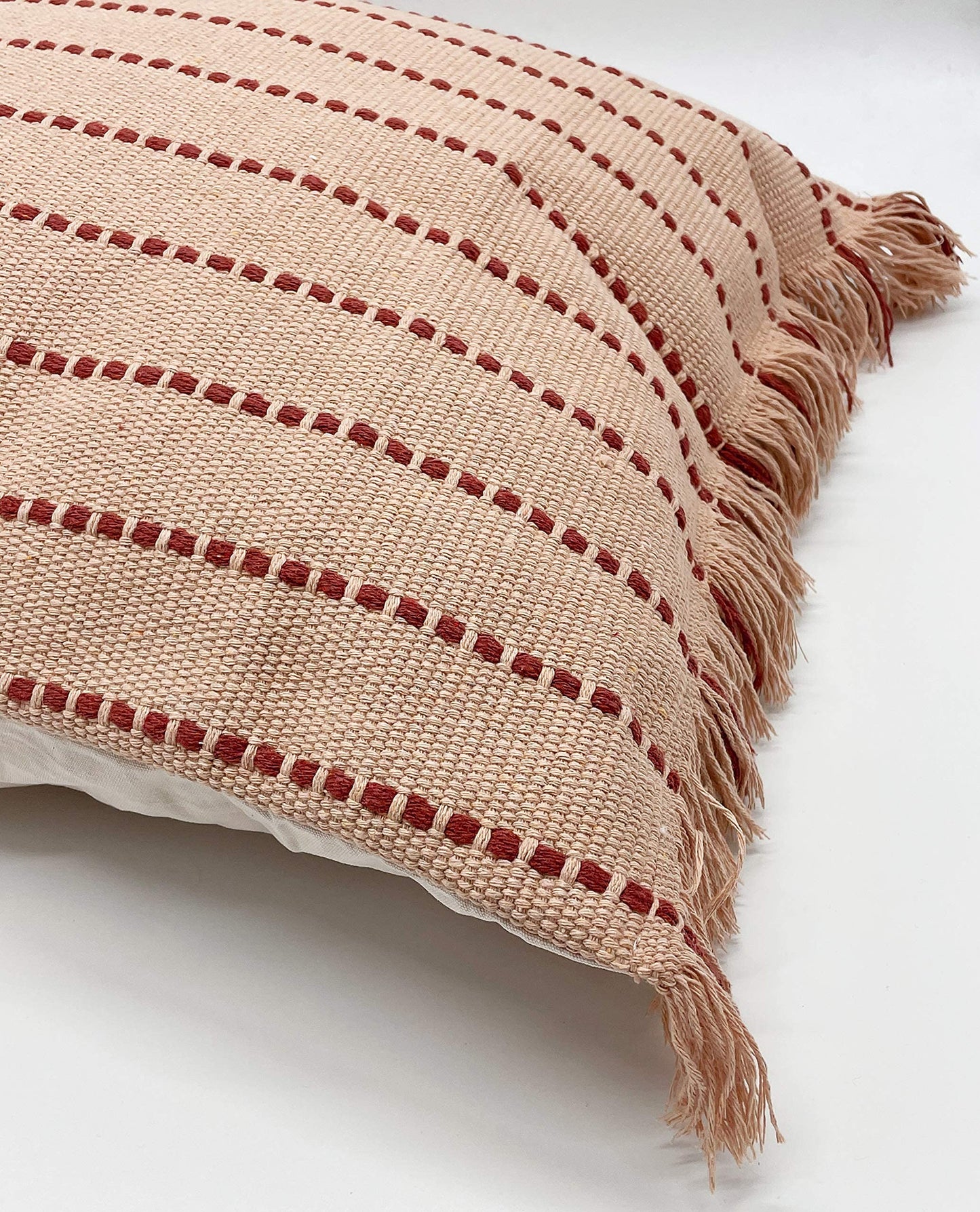 Fennco Styles Stitch Line Woven Fringe Cotton Decorative Throw Pillow 20" W x 20" L - White Cushion for Couch, Bedroom, Living Room and Office Décor