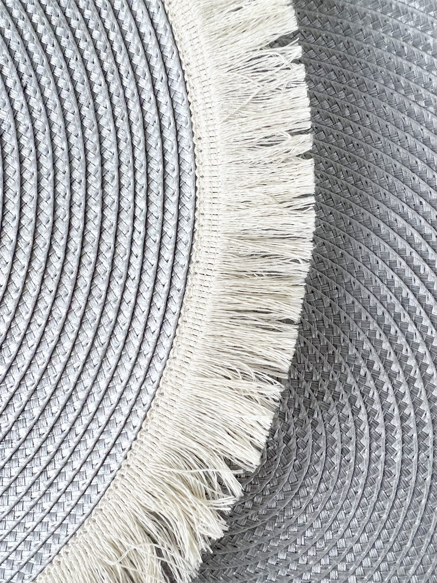 Fennco Styles Hand Braided Fringe Boho Placemats 15 Inch Round, Set of 4 - Beige & White Woven Textured Table Mats for Home, Dining Room, Banquets, Family Gathering and Special Occasion