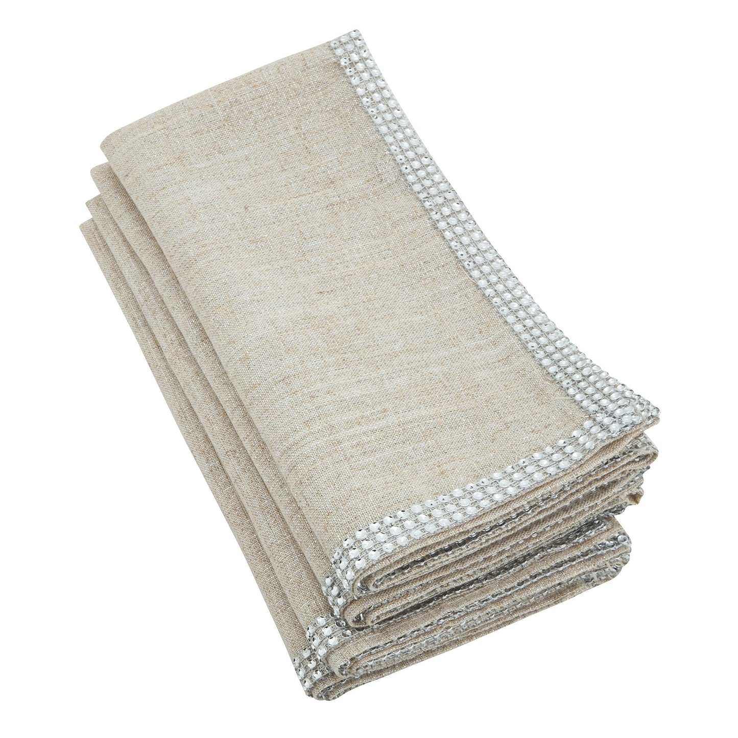 Fennco Styles Elegant Lily Collection Studded Design Cloth Napkins 20" W x 20" L, Set of 4 - White Rhinestone Dinner Napkins for Dining Table, Banquets, Family Gathering and Special Occasion