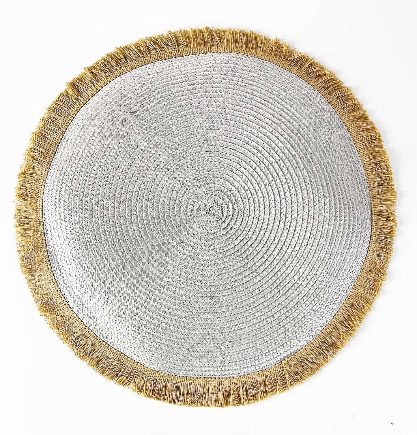 Fennco Styles Hand Braided Fringe Boho Placemats 15 Inch Round, Set of 4 - Beige & White Woven Textured Table Mats for Home, Dining Room, Banquets, Family Gathering and Special Occasion