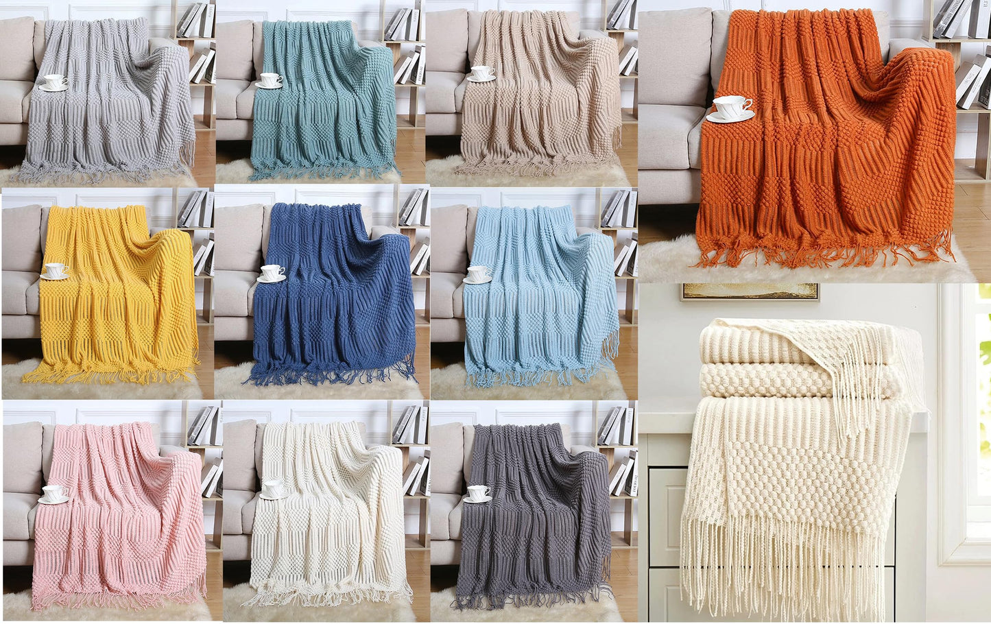 Fennco Styles Striped Knit Solid Fringe Throw Blanket 50" W x 60" L - Navy Blue Soft Textured Light Weight Blanket for Sofa, Couch, Living Room and Bedroom Décor