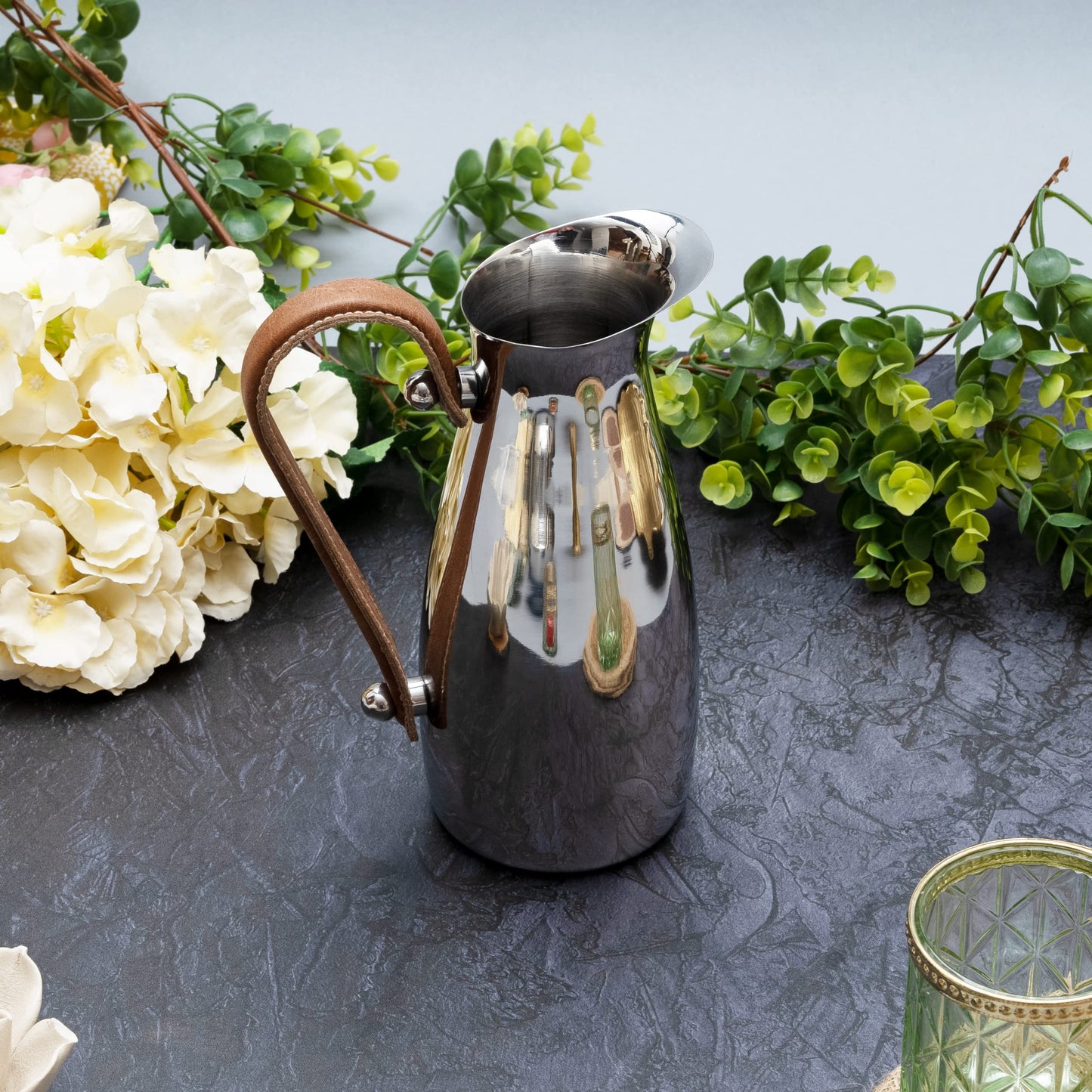 Silver Stainless Steel Water Pitcher, Leather Handle