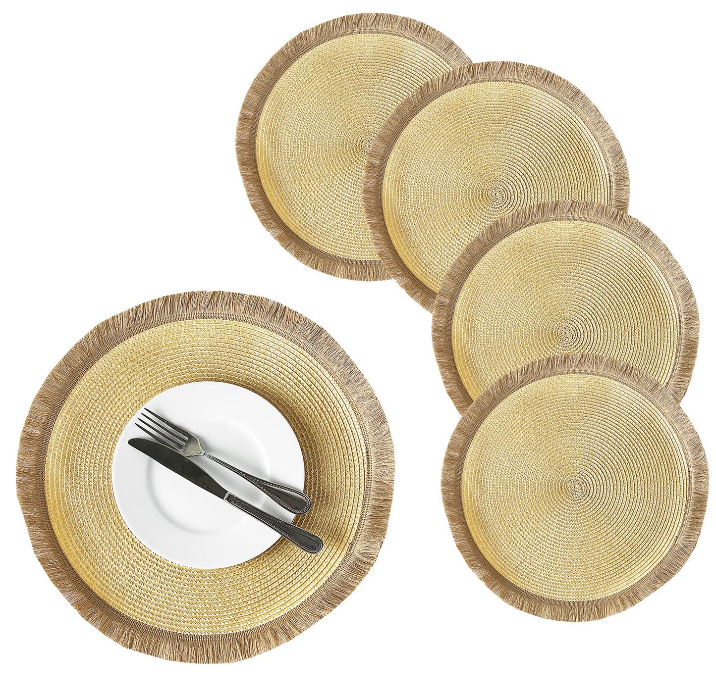 Fennco Styles Hand Braided Fringe Boho Placemats 15 Inch Round, Set of 4 - Beige & White Woven Textured Table Mats for Home, Dining Room, Banquets, Family Gathering and Special Occasion