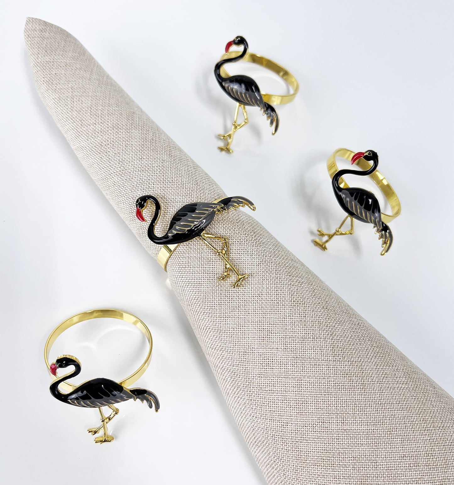 Fennco Styles Enamel Glazed Flamingo Metal Napkin Rings, Set of 4 - Beige Decorative Napkin Holders for Home, Dining Room, Banquets, Family Gatherings, Holidays and Special Occasions