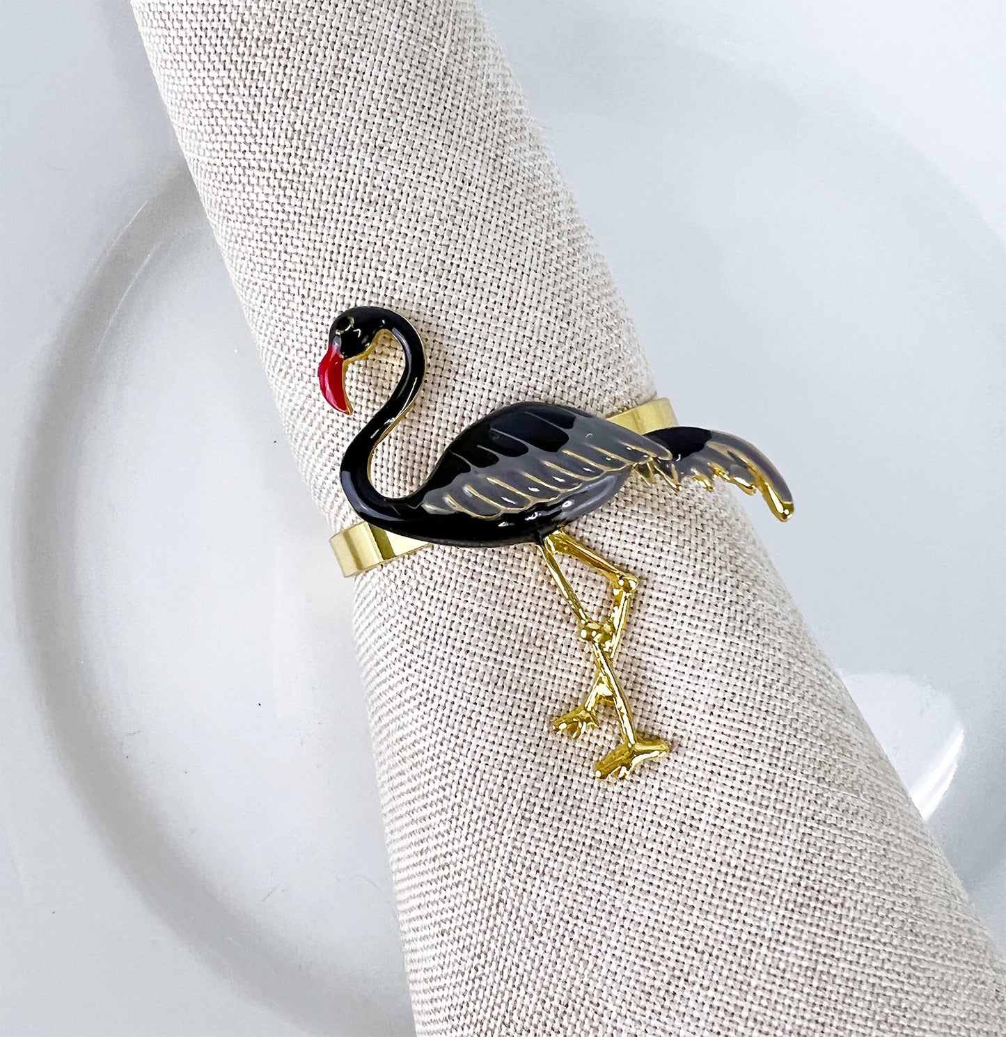 Fennco Styles Enamel Glazed Flamingo Metal Napkin Rings, Set of 4 - Beige Decorative Napkin Holders for Home, Dining Room, Banquets, Family Gatherings, Holidays and Special Occasions