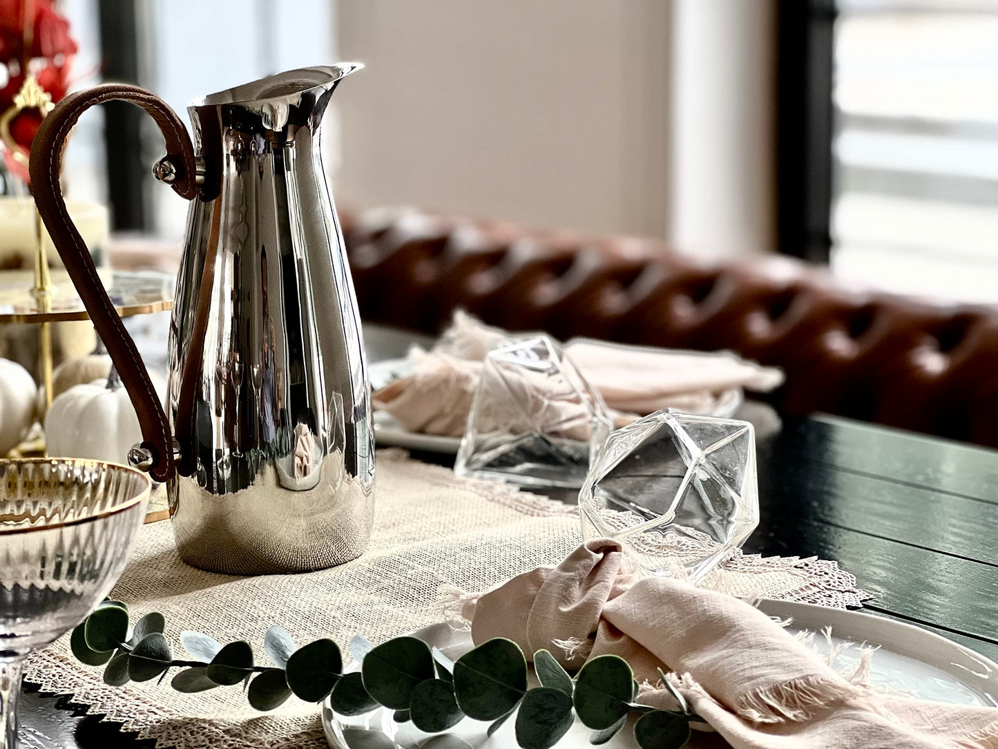 Silver Stainless Steel Water Pitcher, Leather Handle