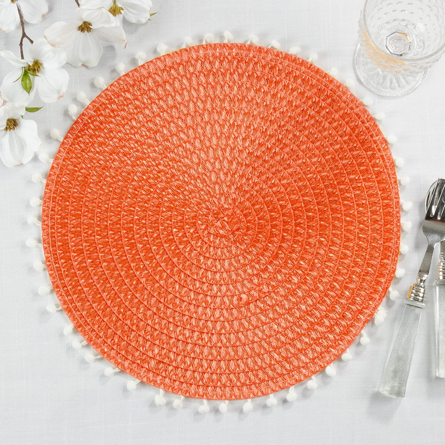 Fennco Styles Pom Pom Textured Placemats 15 Inches Round, Set of 4 – Modern Traycloth Table Mats for Home, Dining Room Décor, Banquets, Indoor & Outdoor and Special Events
