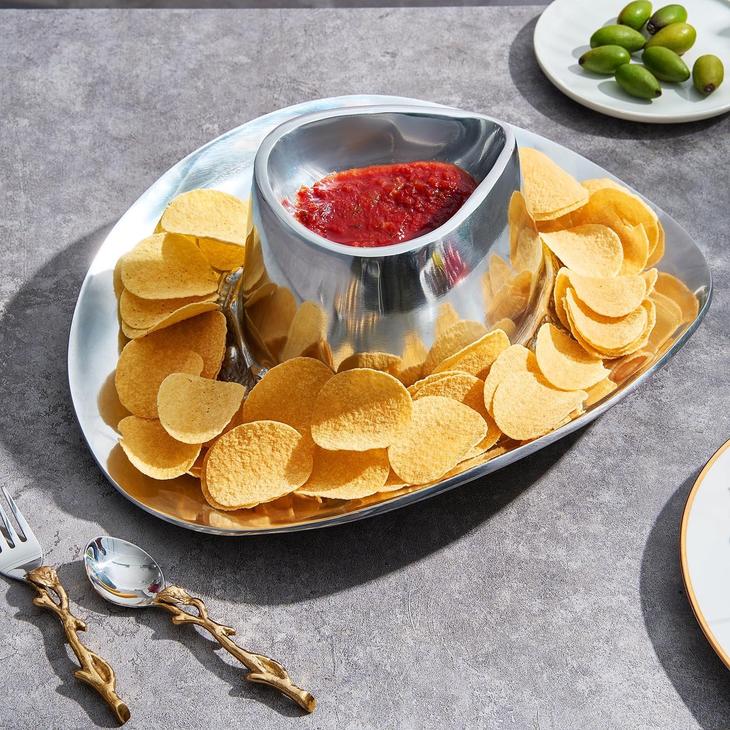 Cowboy Hat Chip and Dip Serving Bowl Silver Brass Snack