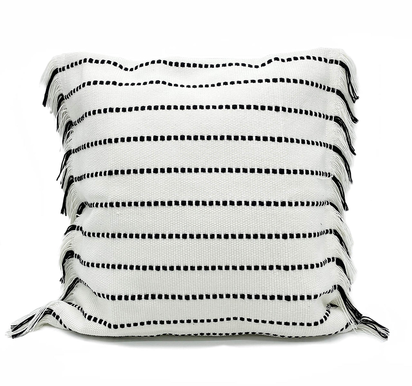 Fennco Styles Stitch Line Woven Fringe Cotton Decorative Throw Pillow 20" W x 20" L - White Cushion for Couch, Bedroom, Living Room and Office Décor