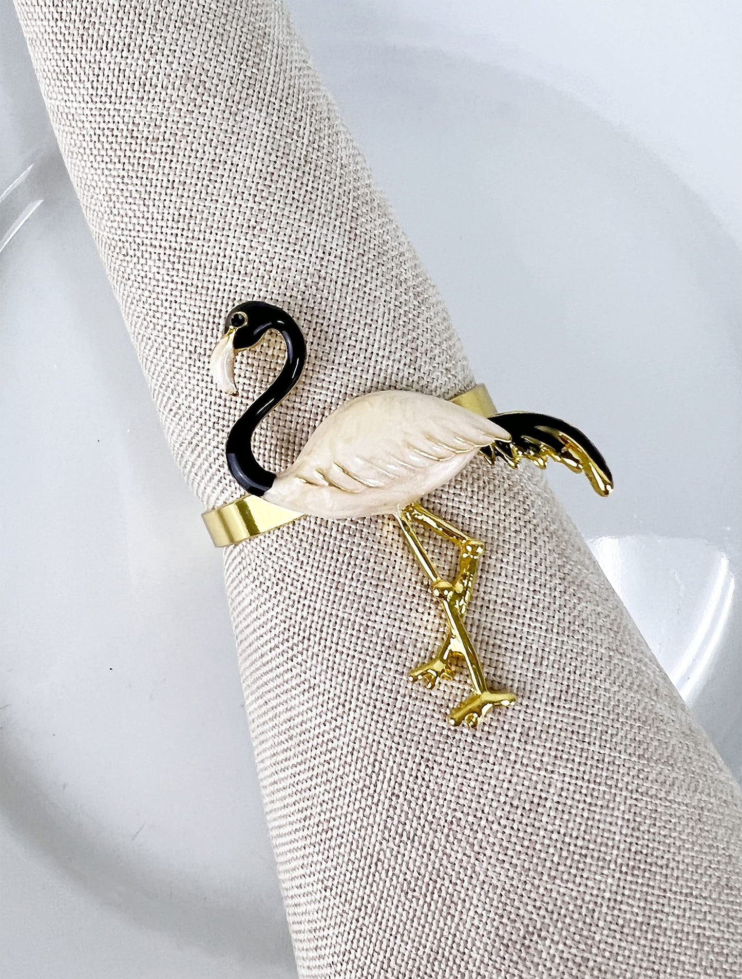 Fennco Styles Enamel Glazed Flamingo Metal Napkin Rings, Set of 4 - Beige Decorative Napkin Holders for Home, Dining Room, Banquets, Family Gatherings, Holidays and Special Occasions