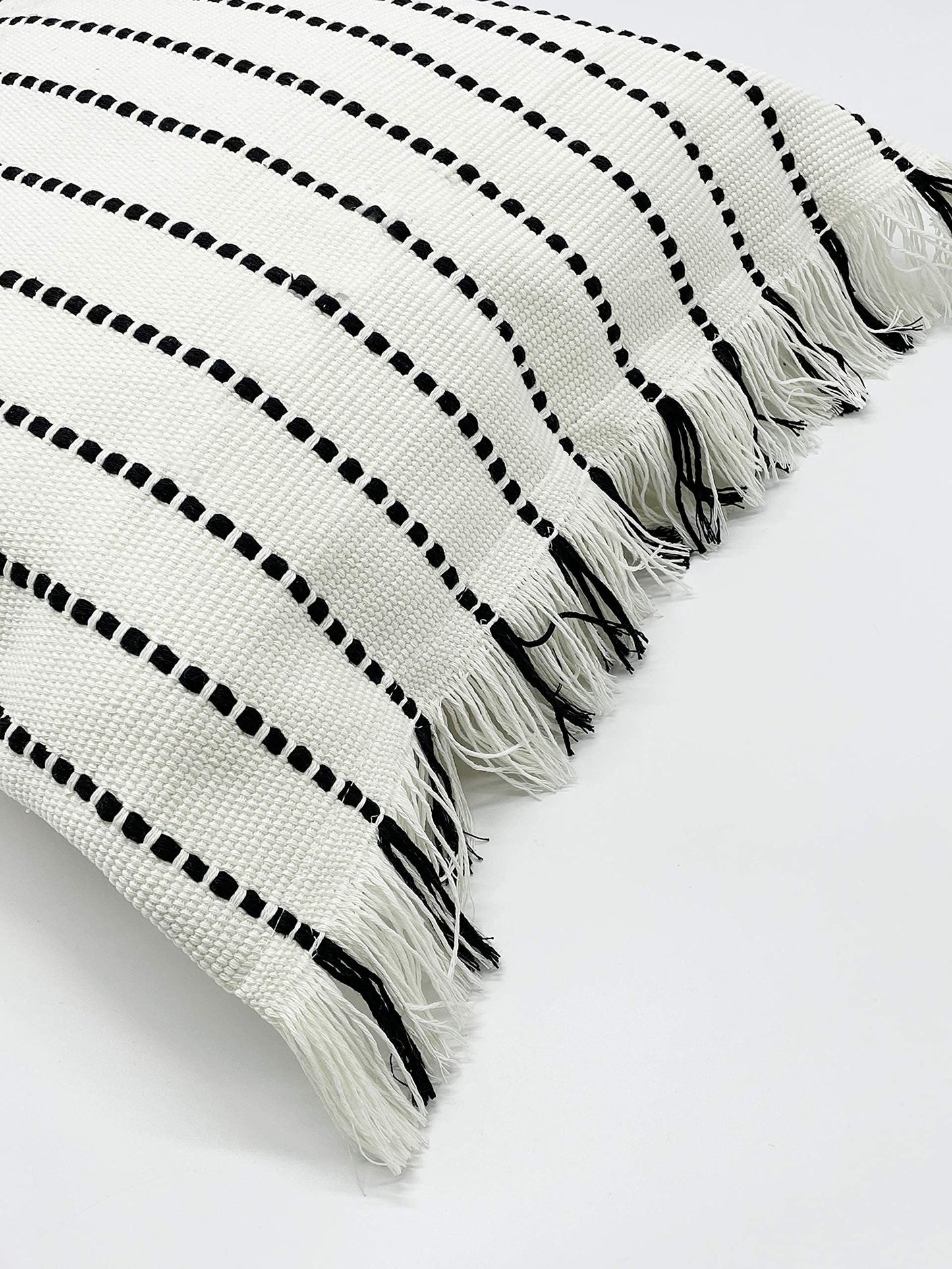 Fennco Styles Stitch Line Woven Fringe Cotton Decorative Throw Pillow 20" W x 20" L - White Cushion for Couch, Bedroom, Living Room and Office Décor