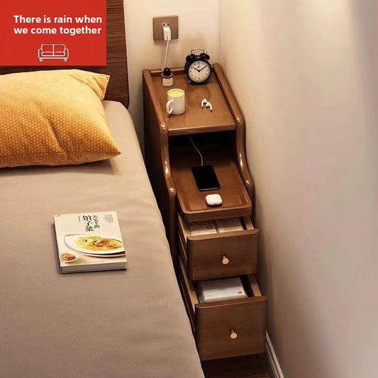 Narrow Solid Wood Bedside Table with Glass Top