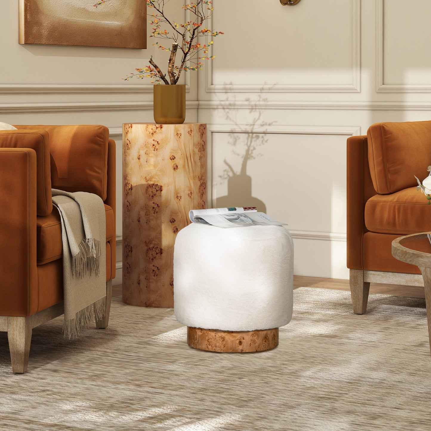 Tilly 16.5" Round Fur Upholstered & Burl Pouf Ottoman