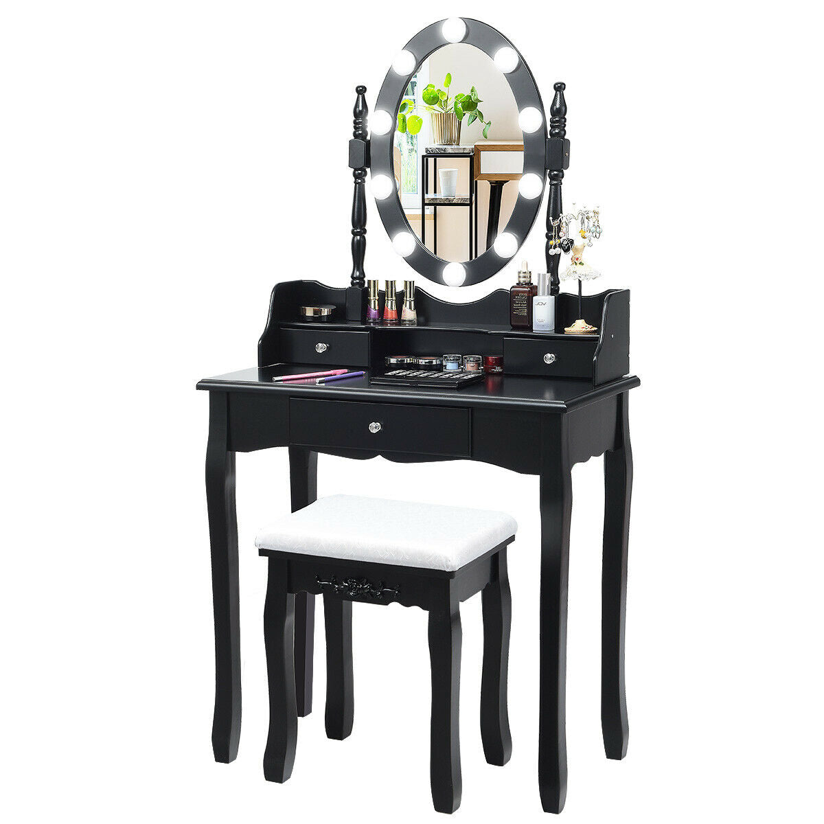 Oval Mirror Vanity Set with 10 LED Dimmable Bulbs and 3 Drawers