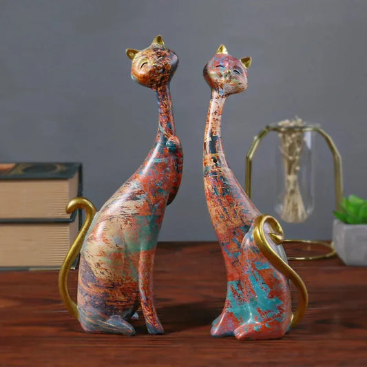 Abstract Colorful Cat Figurine Set Decorative Sculptures
