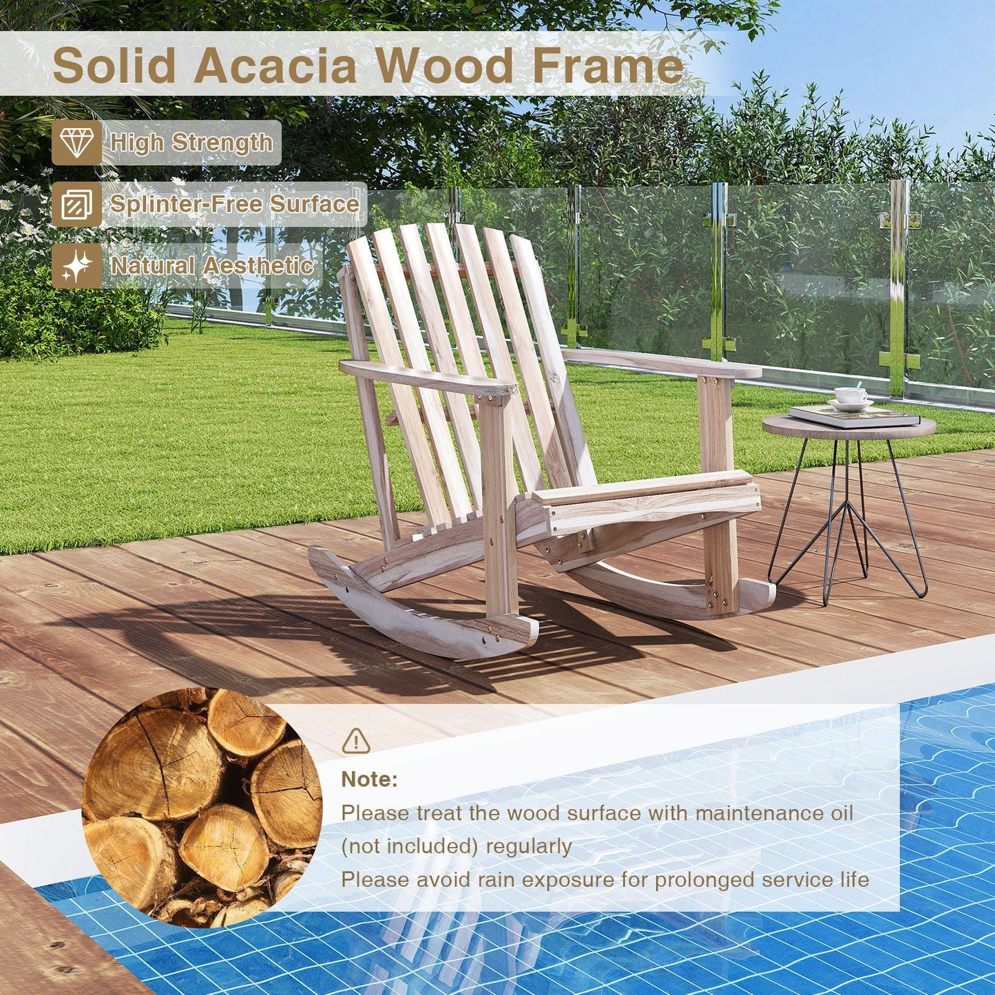Adirondack Rocking Chair with Slatted Seat and High Fanned Back-Natural