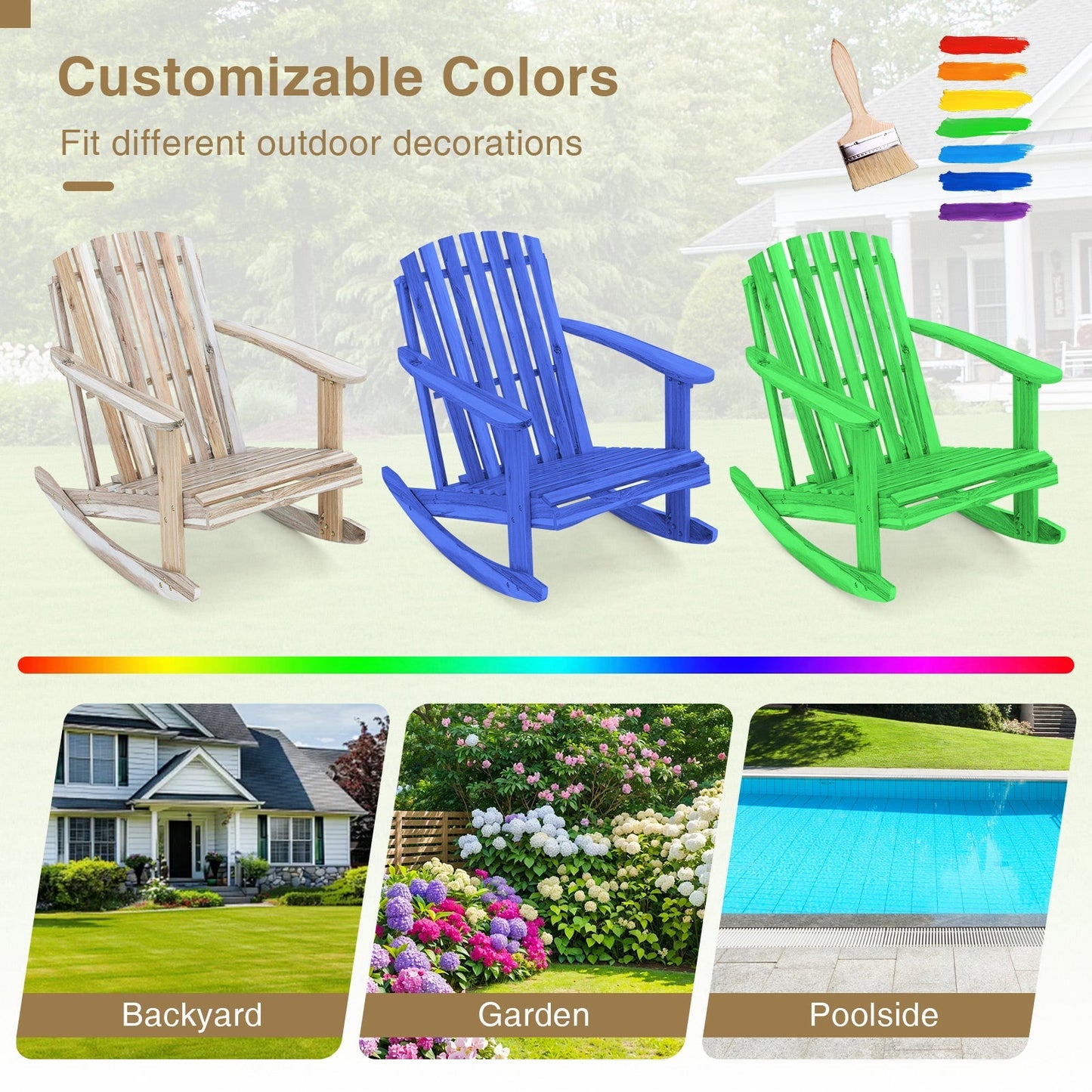 Adirondack Rocking Chair with Slatted Seat and High Fanned Back-Natural