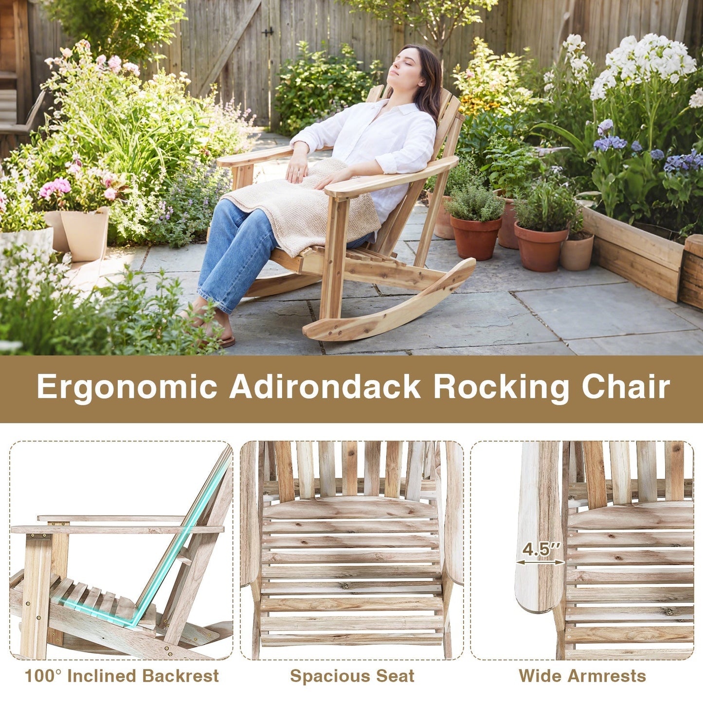 Adirondack Rocking Chair with Slatted Seat and High Fanned Back-Natural