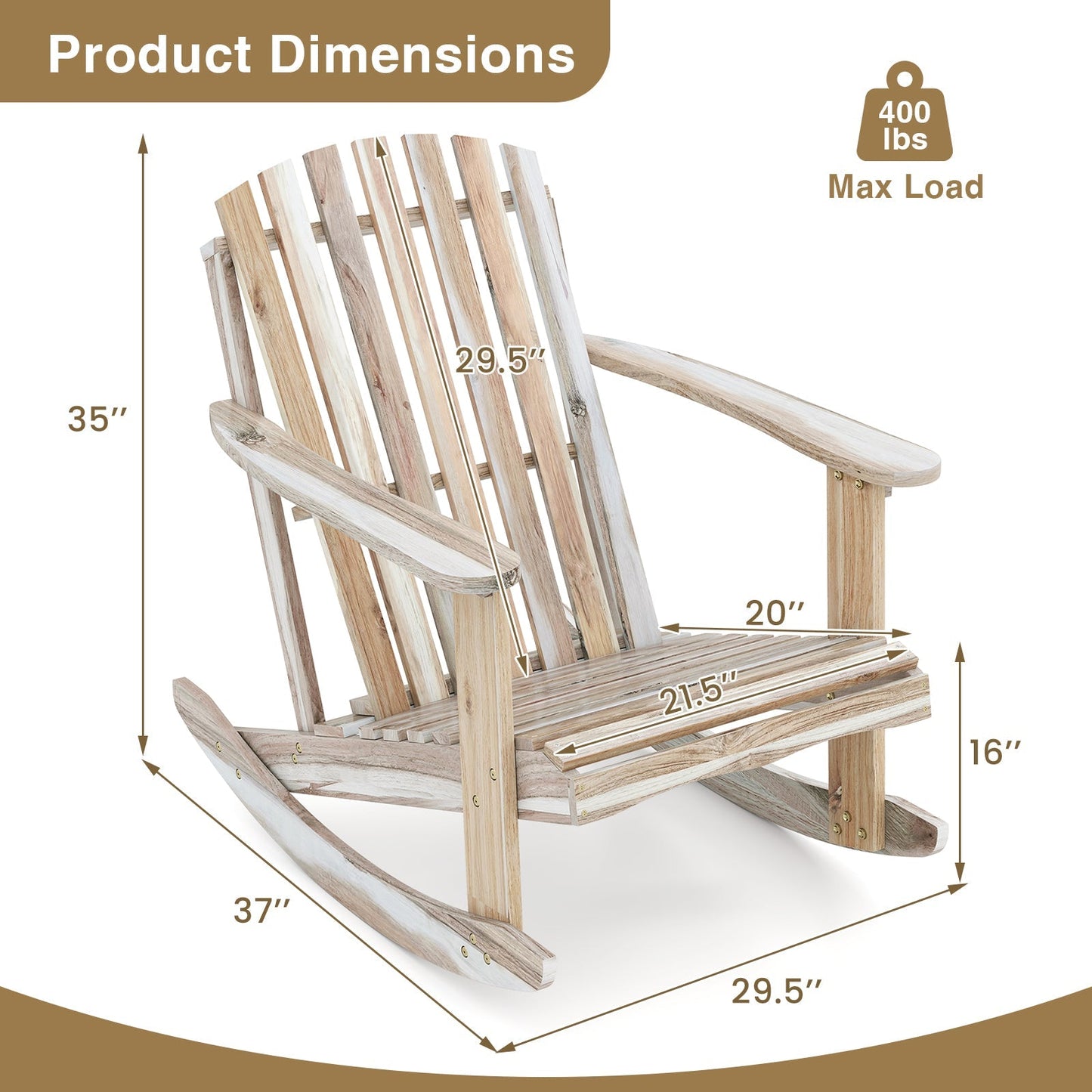 Adirondack Rocking Chair with Slatted Seat and High Fanned Back-Natural