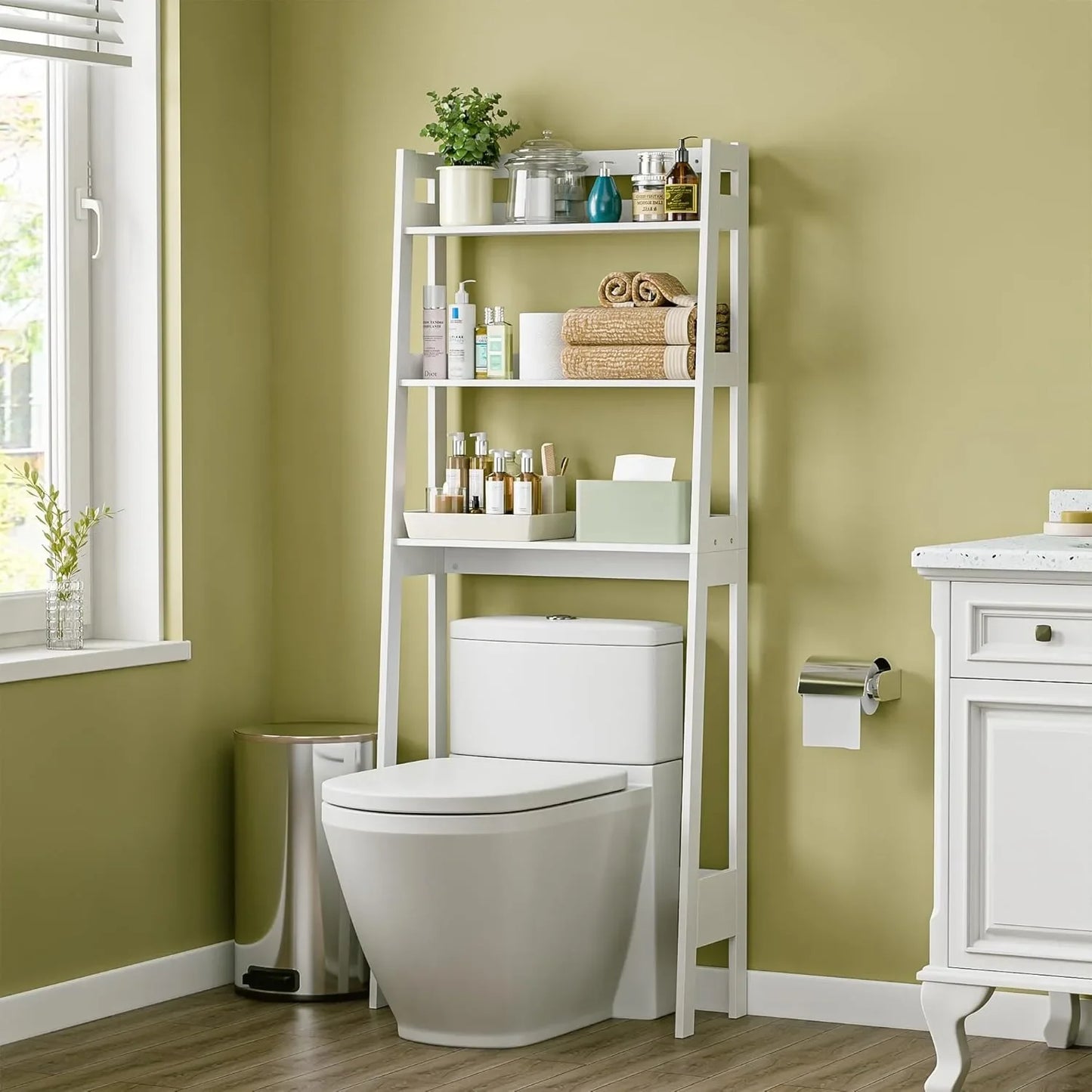 3 Tiers Over The Toilet Bathroom Storage Shelf, Freestanding Wooden Bathroom Organizer Rack with Shelves for Laundry