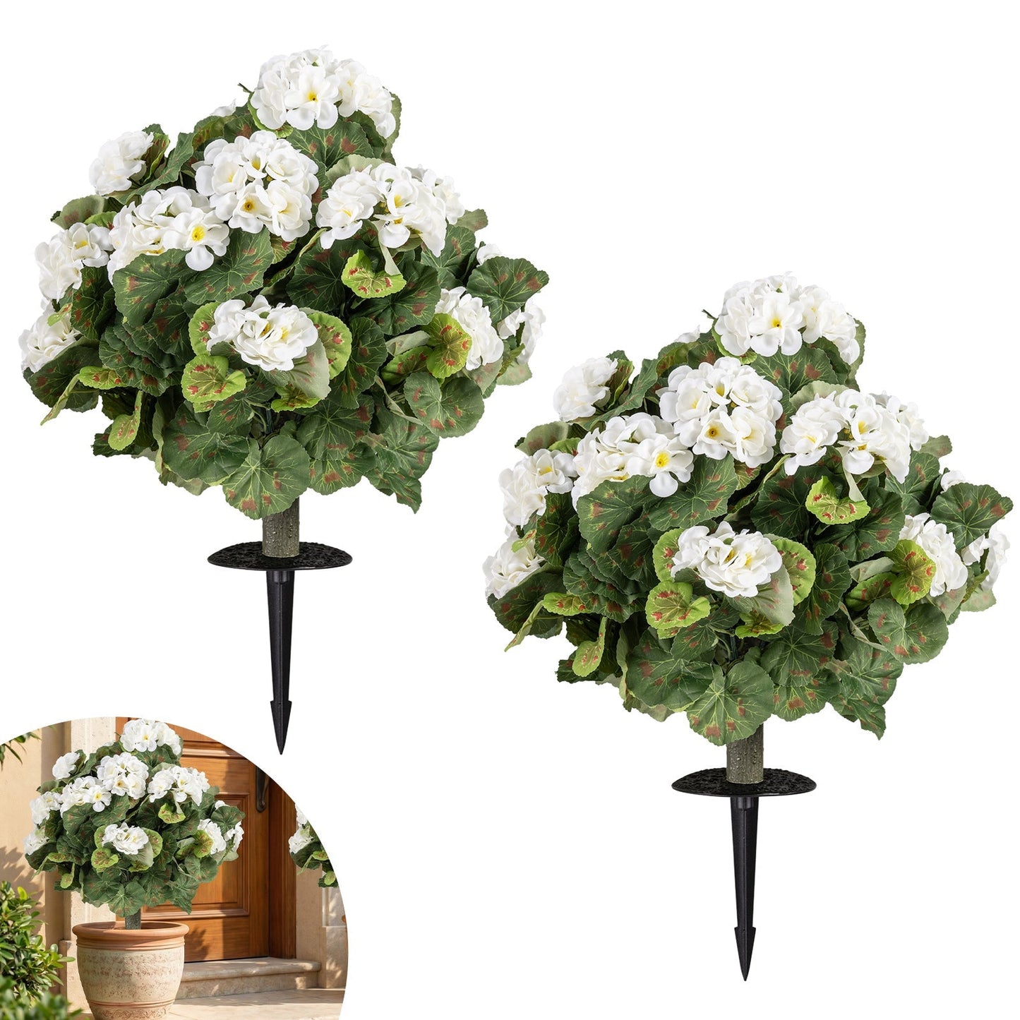Artificial Begonia Ball Trees Set of 2 13 inch Fake Evergreen Shrubs with Ground Spikes-White