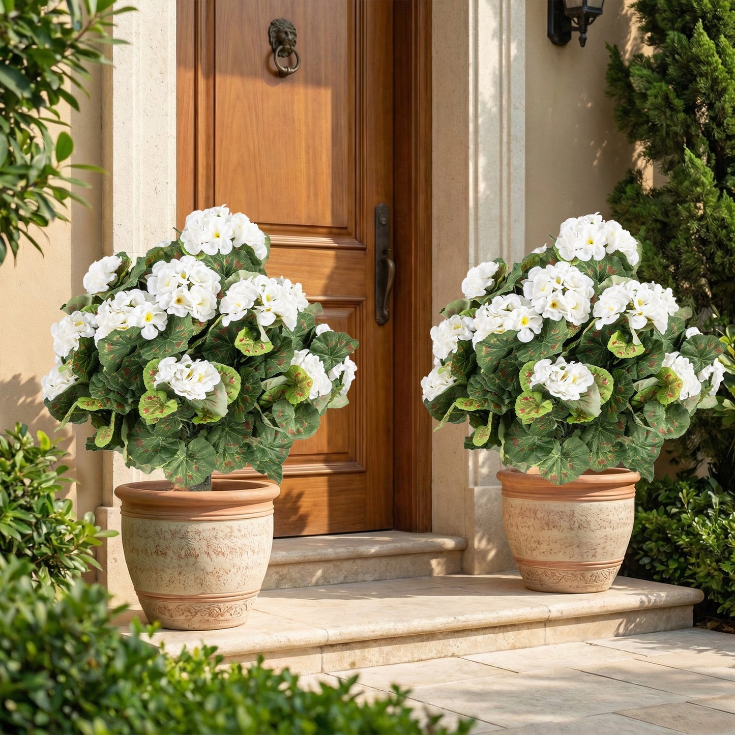 Artificial Begonia Ball Trees Set of 2 13 inch Fake Evergreen Shrubs with Ground Spikes-White
