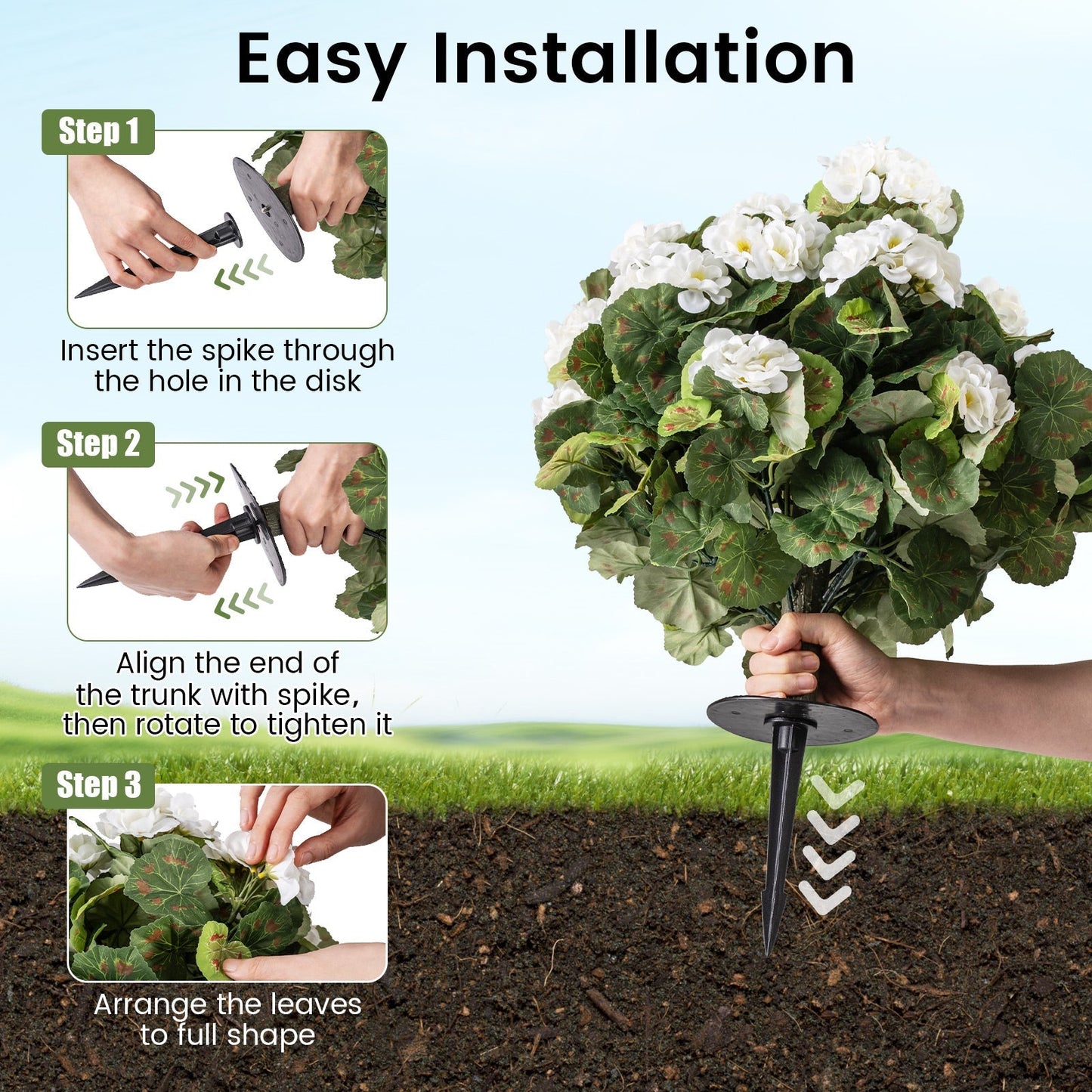 Artificial Begonia Ball Trees Set of 2 13 inch Fake Evergreen Shrubs with Ground Spikes-White