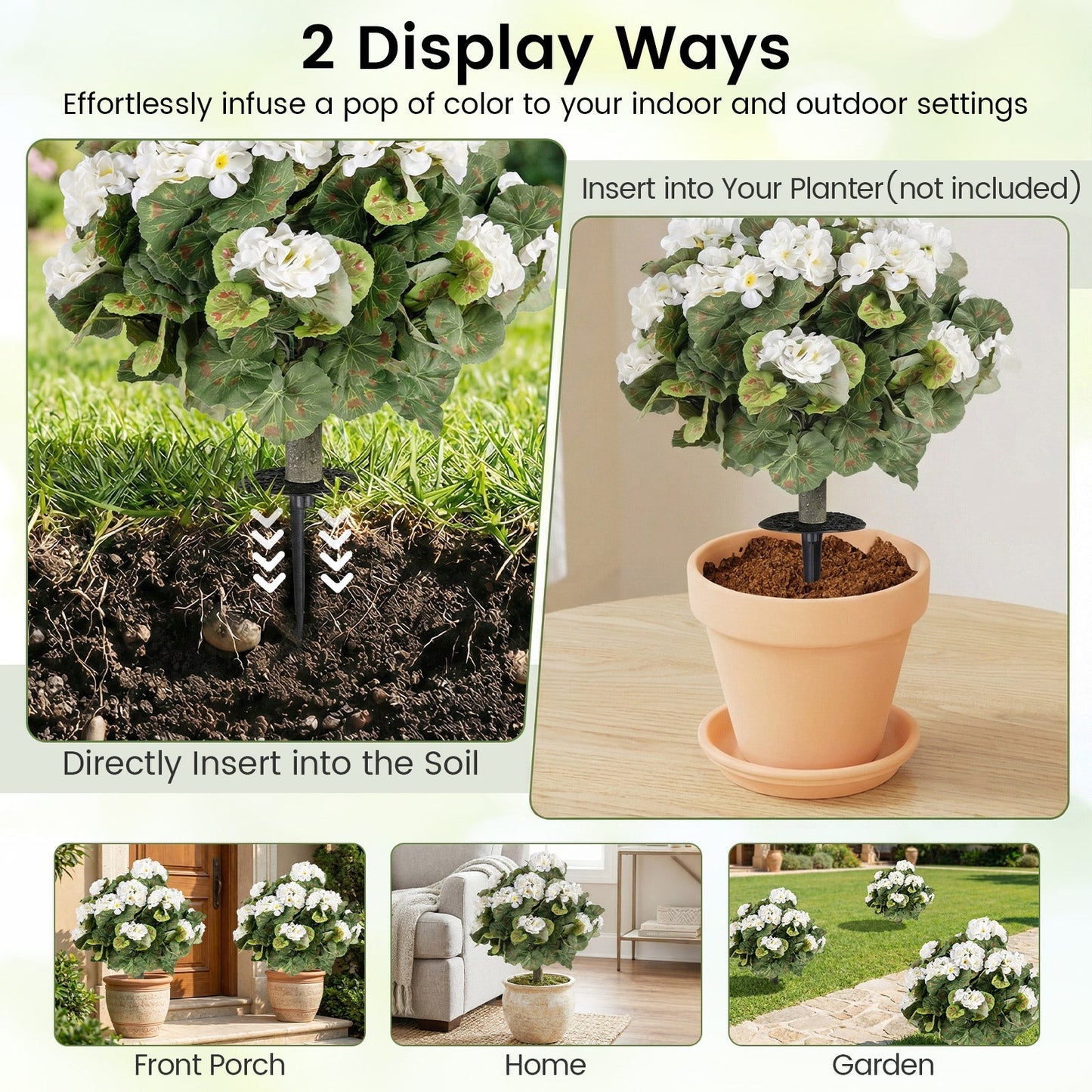 Artificial Begonia Ball Trees Set of 2 13 inch Fake Evergreen Shrubs with Ground Spikes-White