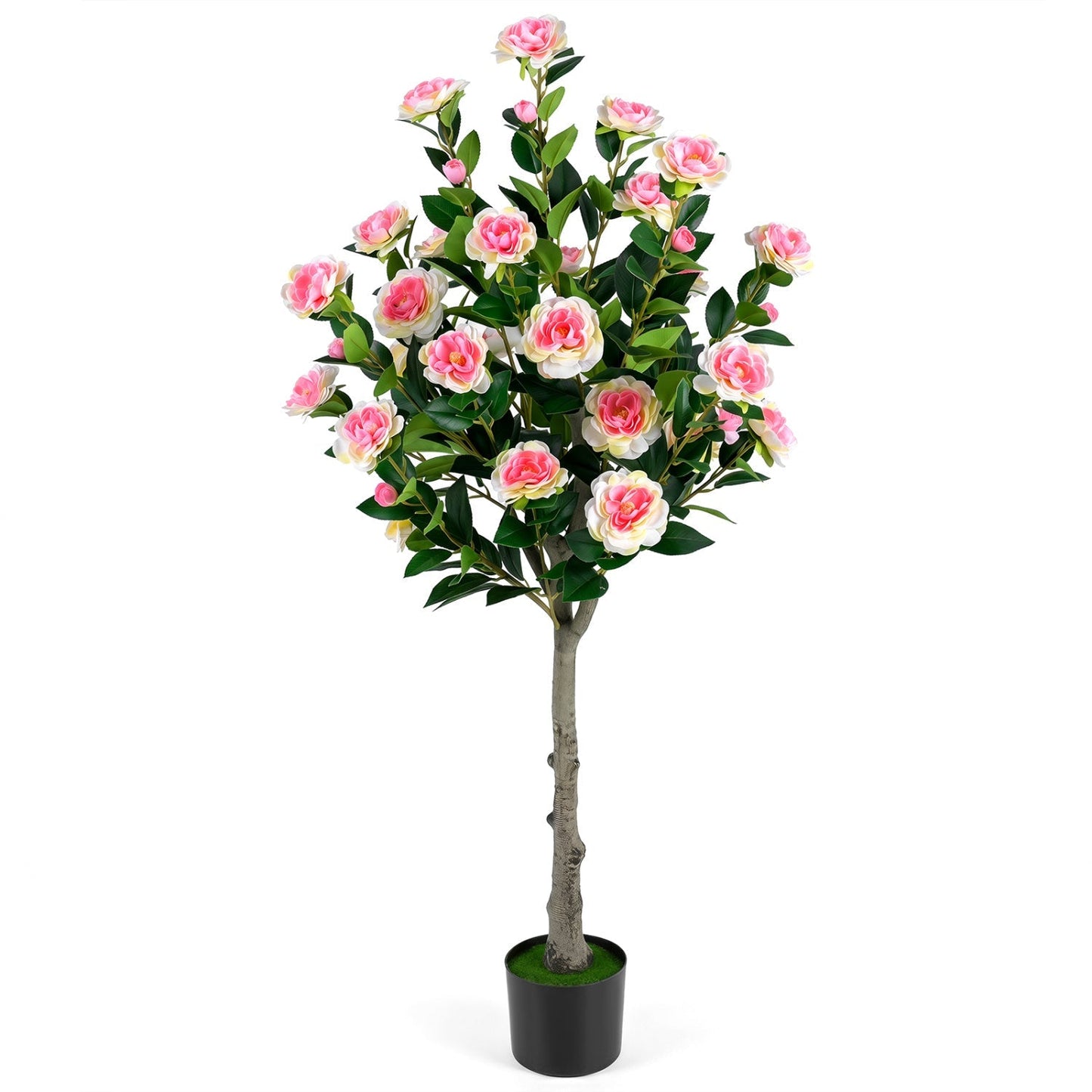 Artificial Camellia Tree with 27 Blossoms in Cement Pot