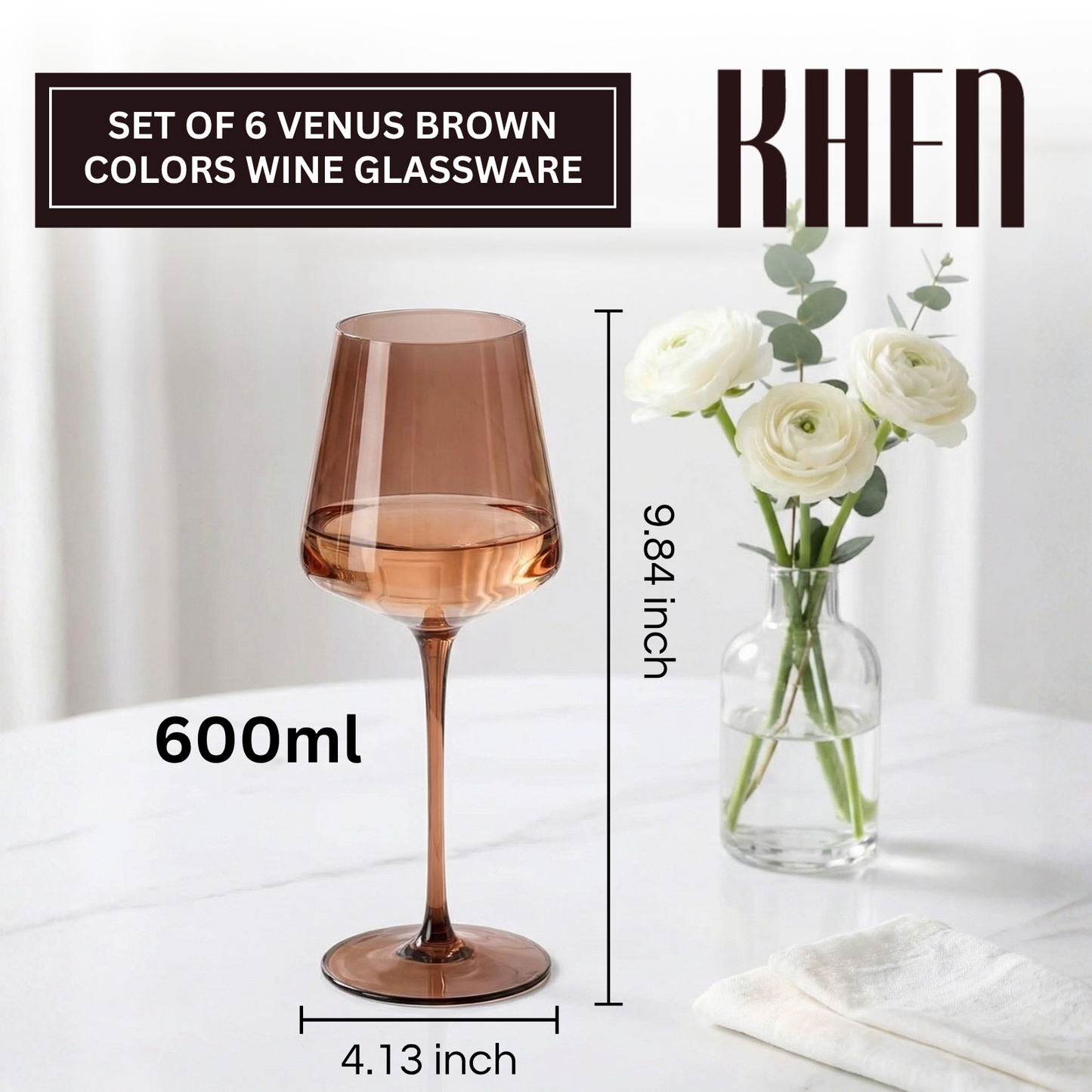 Venus Wine Glasses, Set of 6, Brown Shades 22.3oz Glass Tall