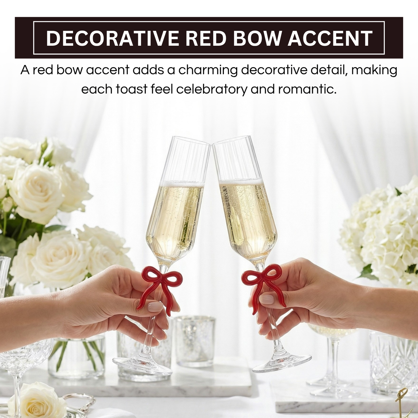 Clear Champagne Glass with Red Bow on Stem, Set of 2