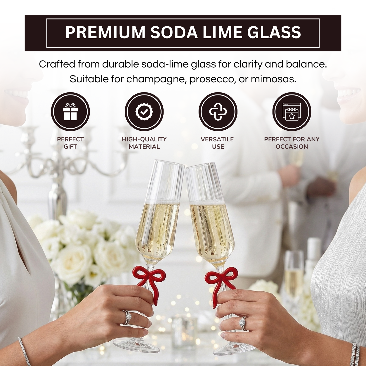 Clear Champagne Glass with Red Bow on Stem, Set of 2