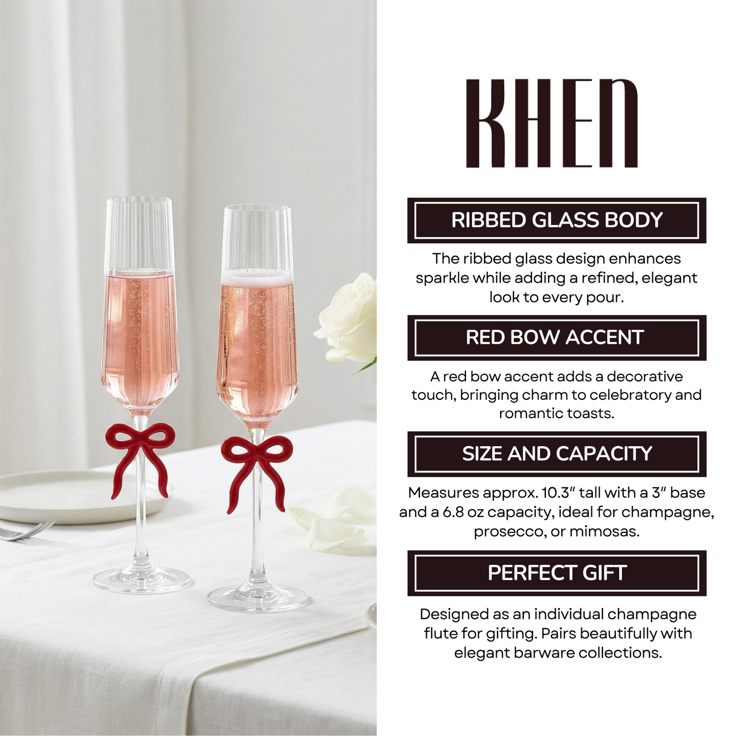 Clear Champagne Glass with Red Bow on Stem, Set of 2