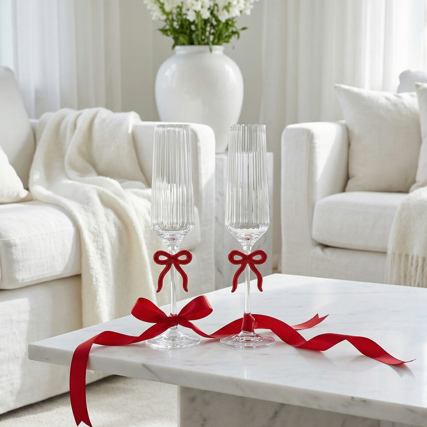 Clear Champagne Glass with Red Bow on Stem, Set of 2