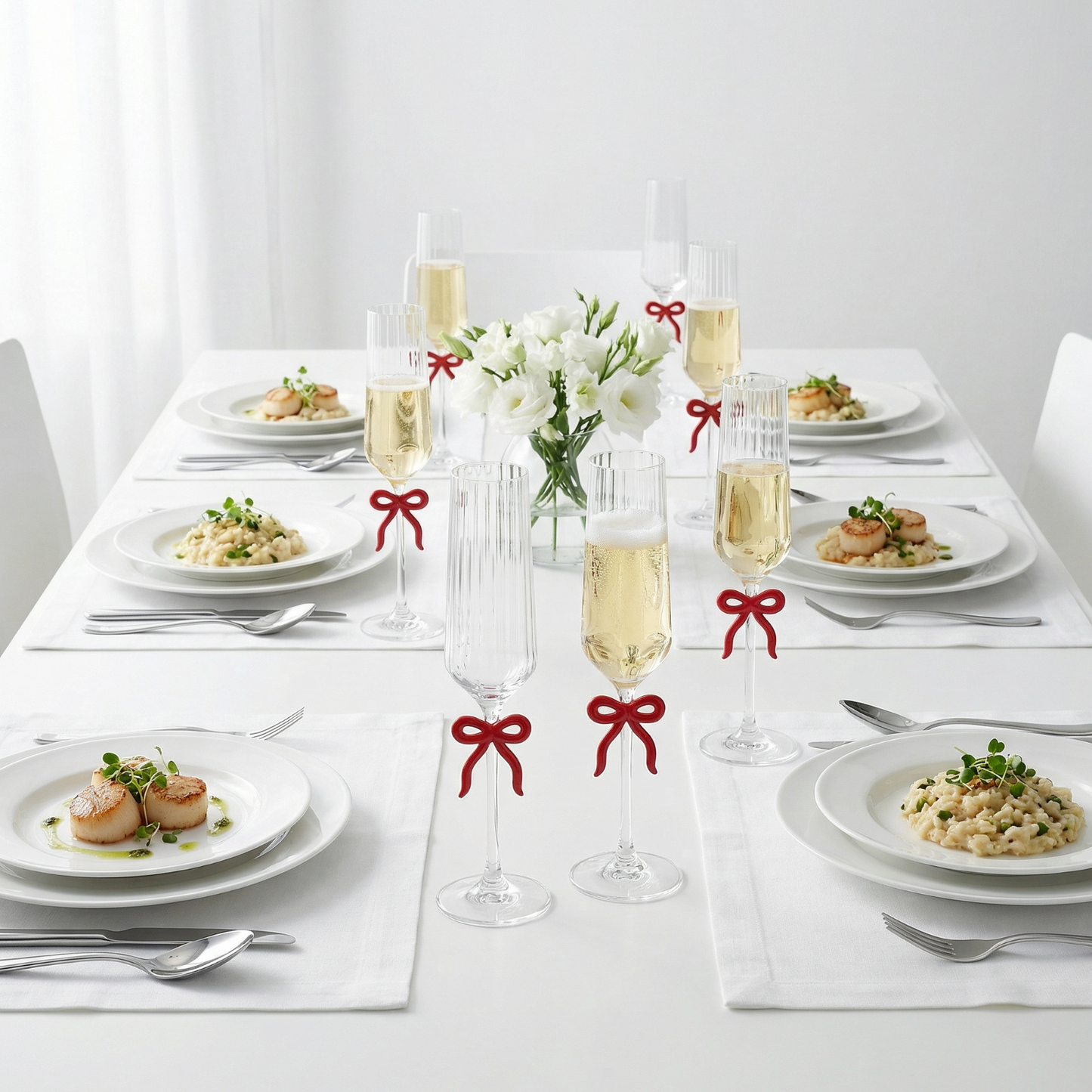 Clear Champagne Glass with Red Bow on Stem, Set of 2