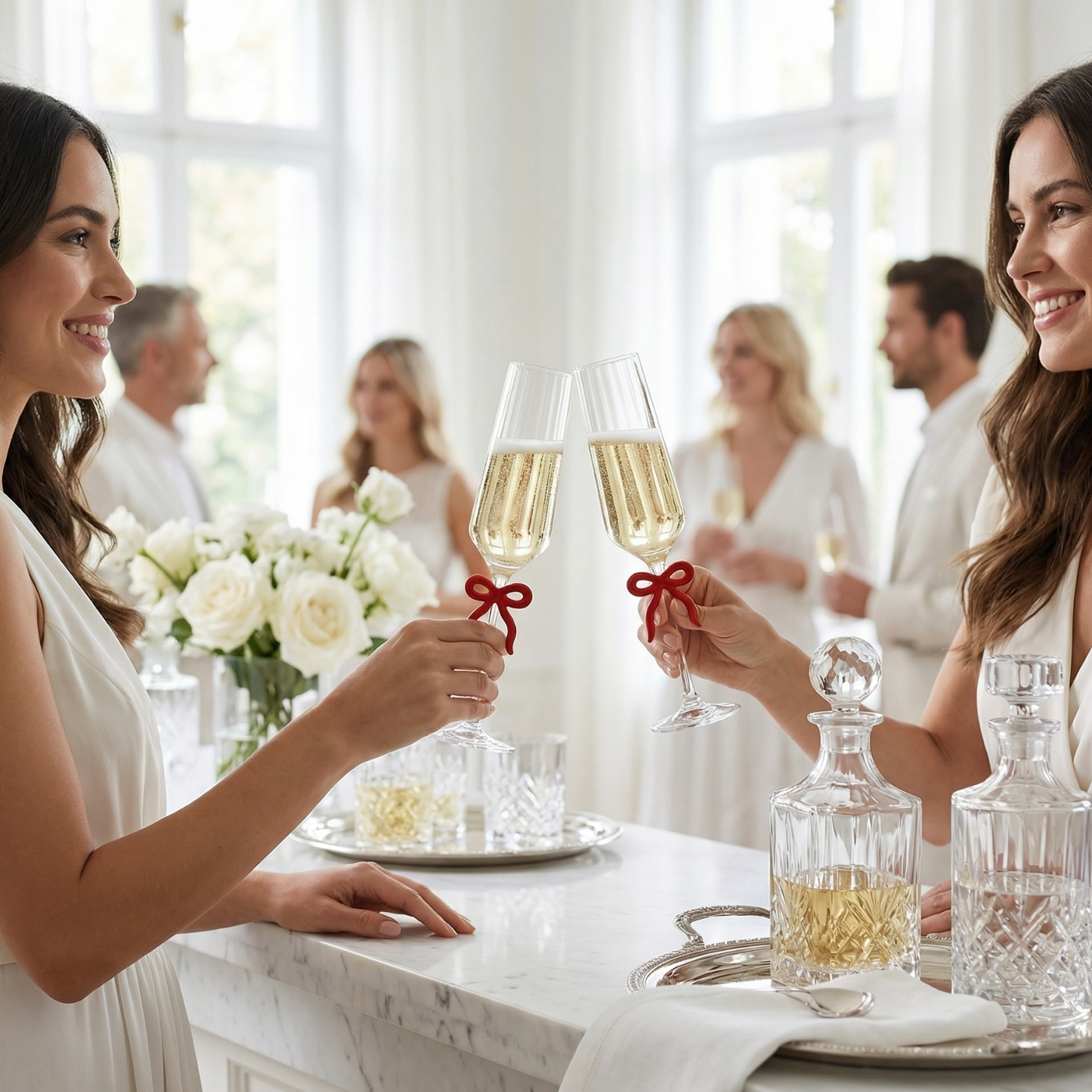 Clear Champagne Glass with Red Bow on Stem, Set of 2