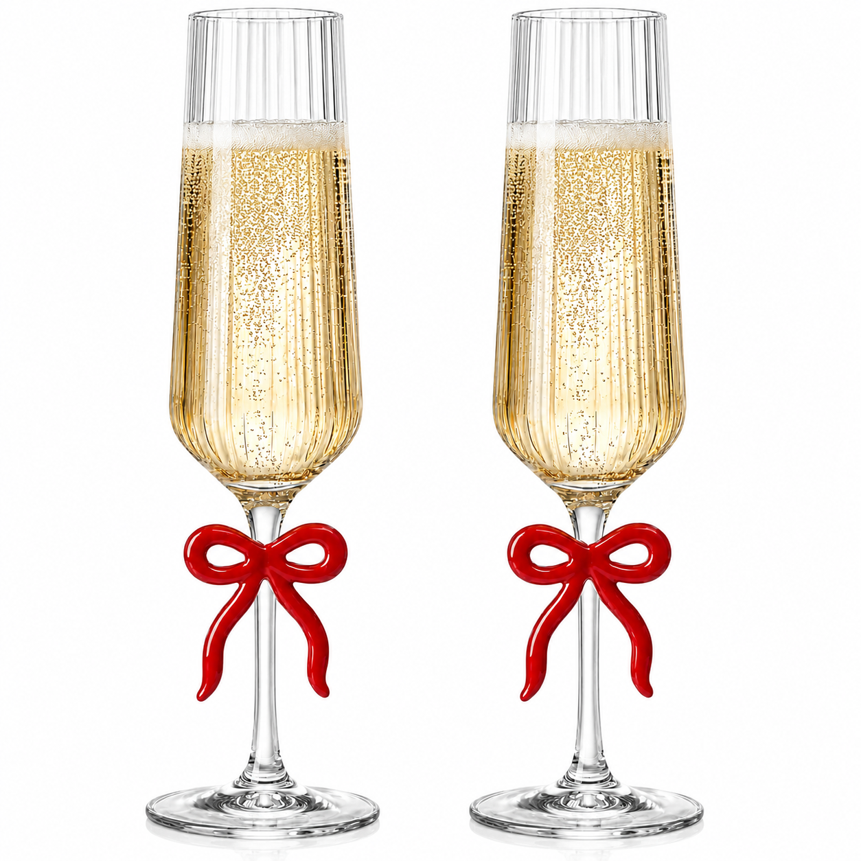 Clear Champagne Glass with Red Bow on Stem, Set of 2