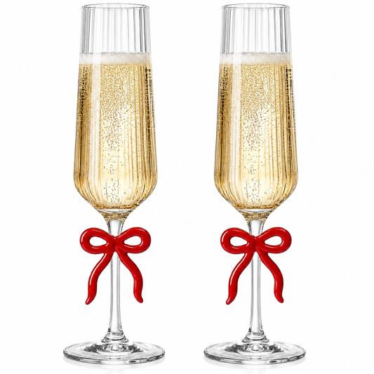 Clear Champagne Glass with Red Bow on Stem, Set of 2