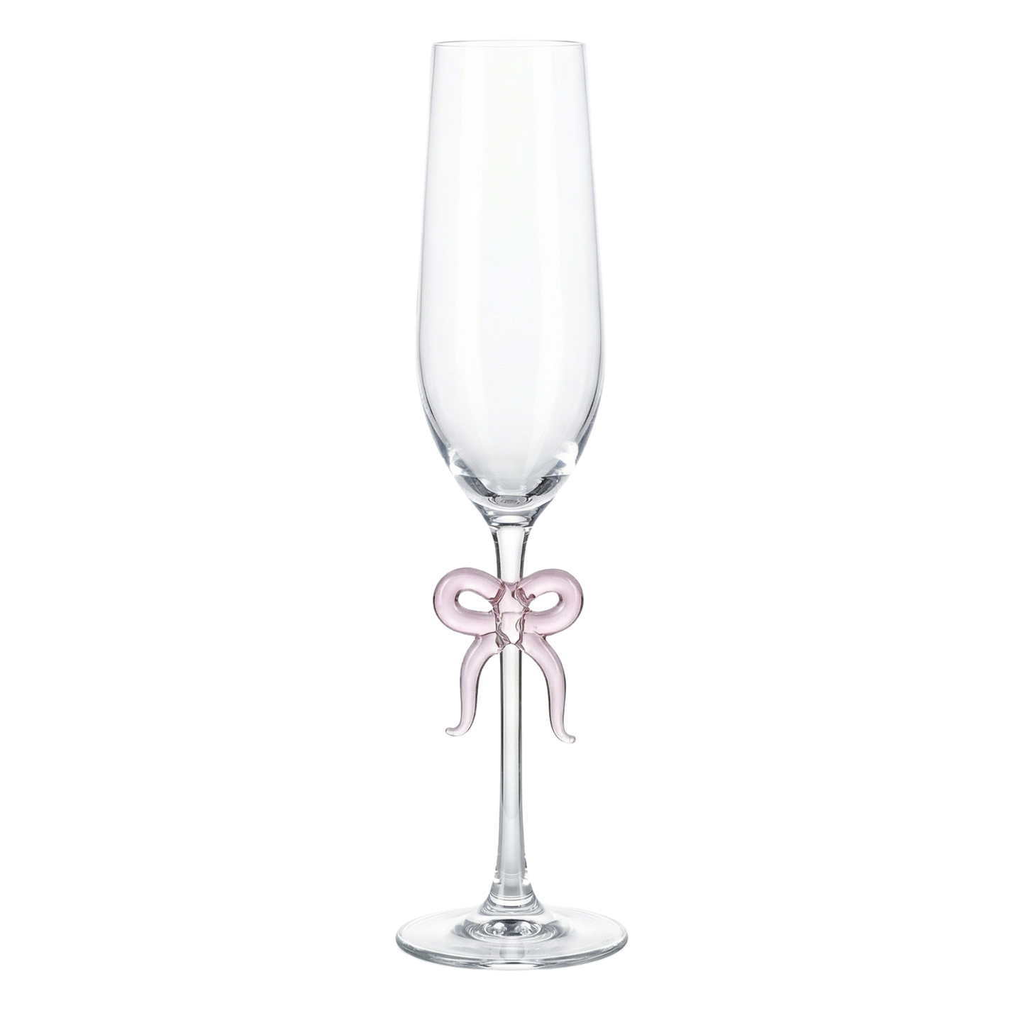 Single Clear Champagne Glass with Pink Bow on Stem, One Piece