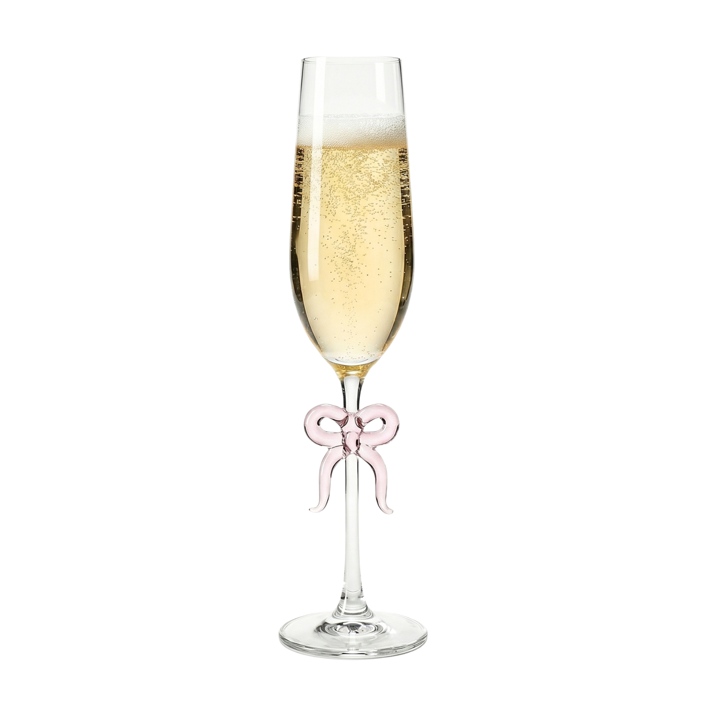 Single Clear Champagne Glass with Pink Bow on Stem, One Piece