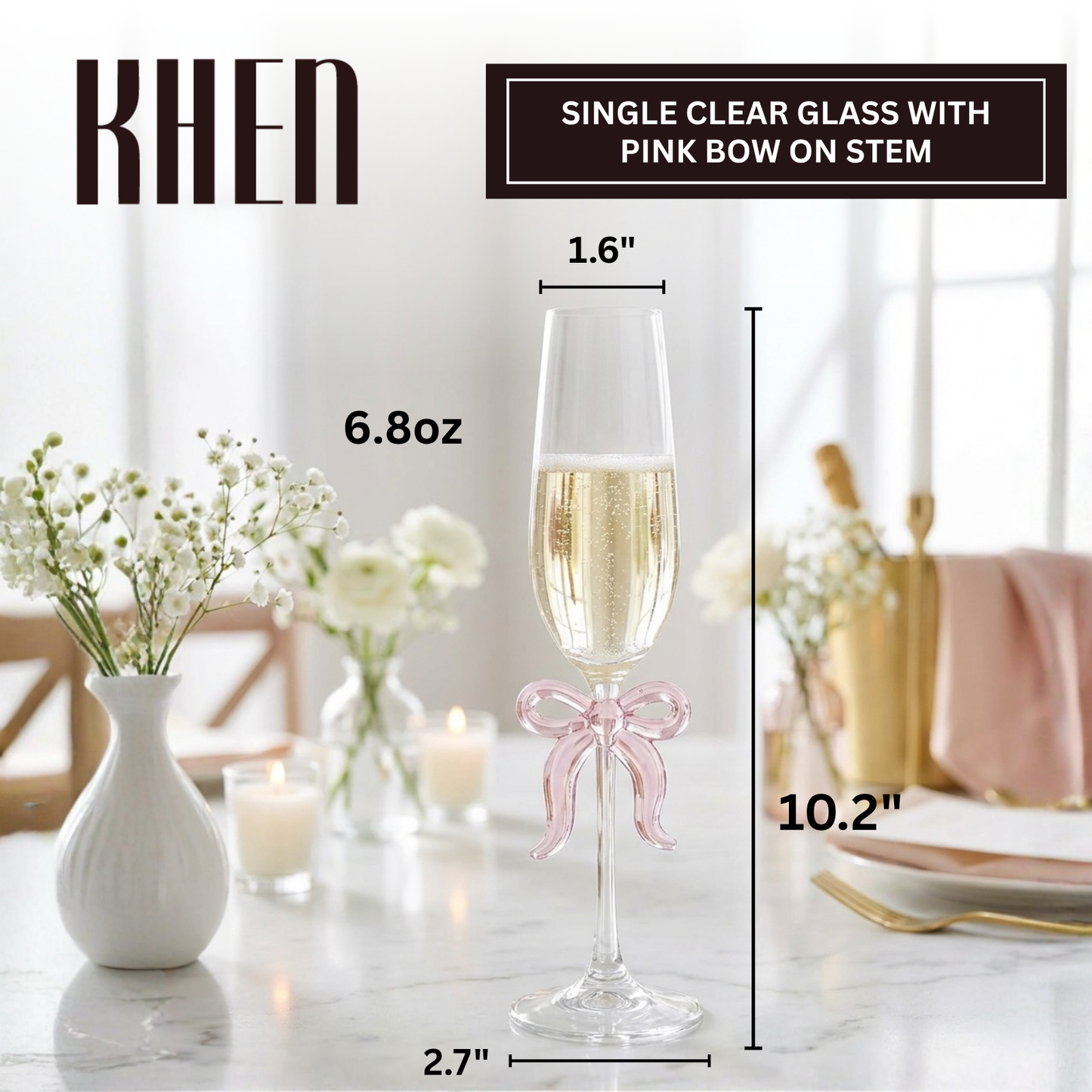 Single Clear Champagne Glass with Pink Bow on Stem, One Piece