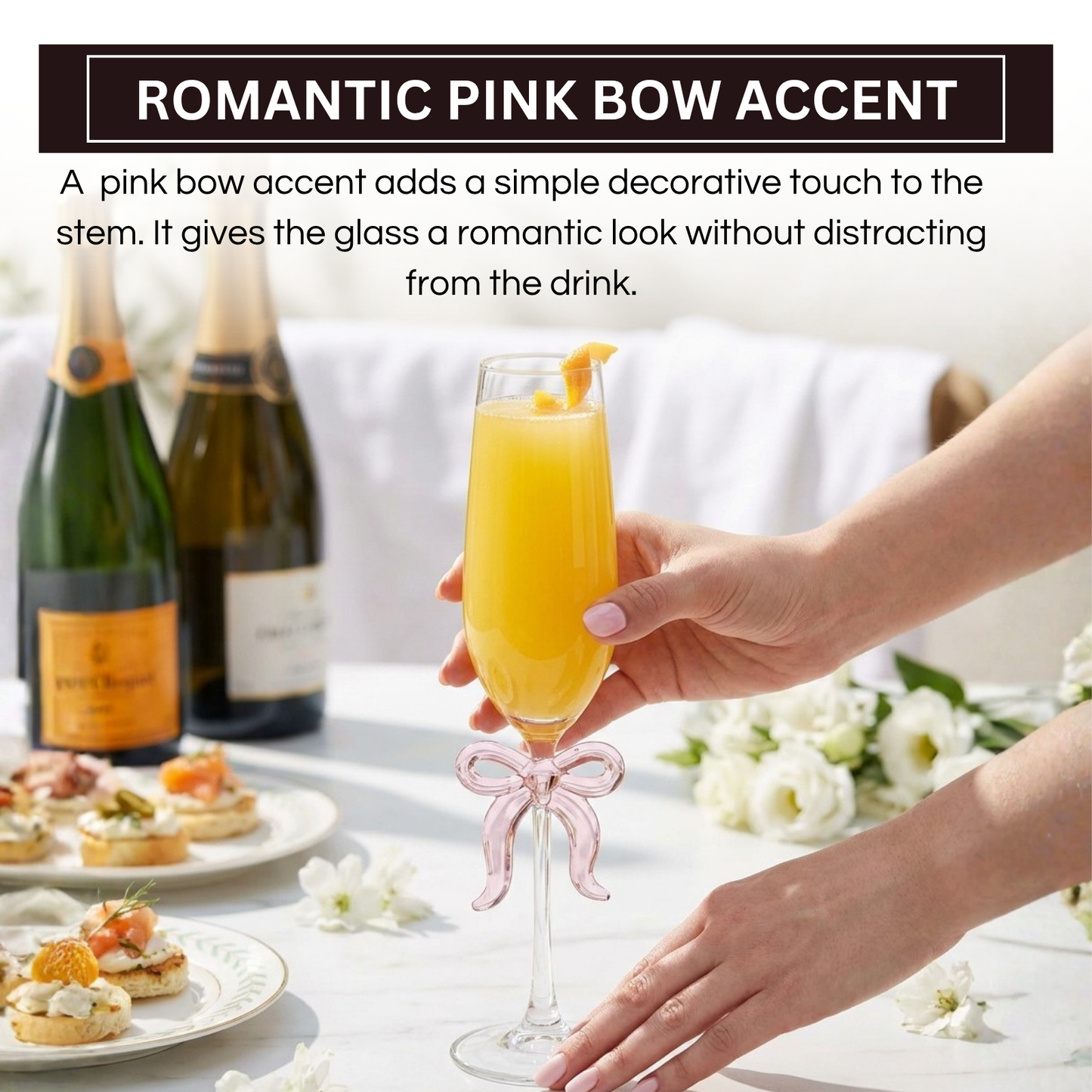 Single Clear Champagne Glass with Pink Bow on Stem, One Piece