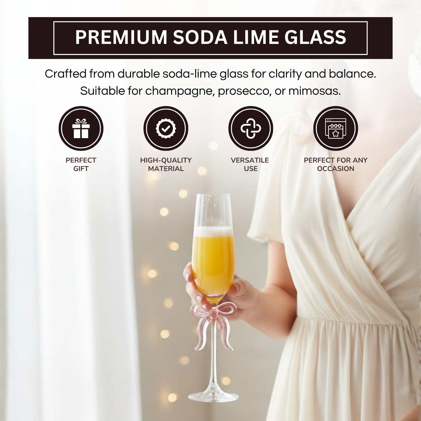 Single Clear Champagne Glass with Pink Bow on Stem, One Piece