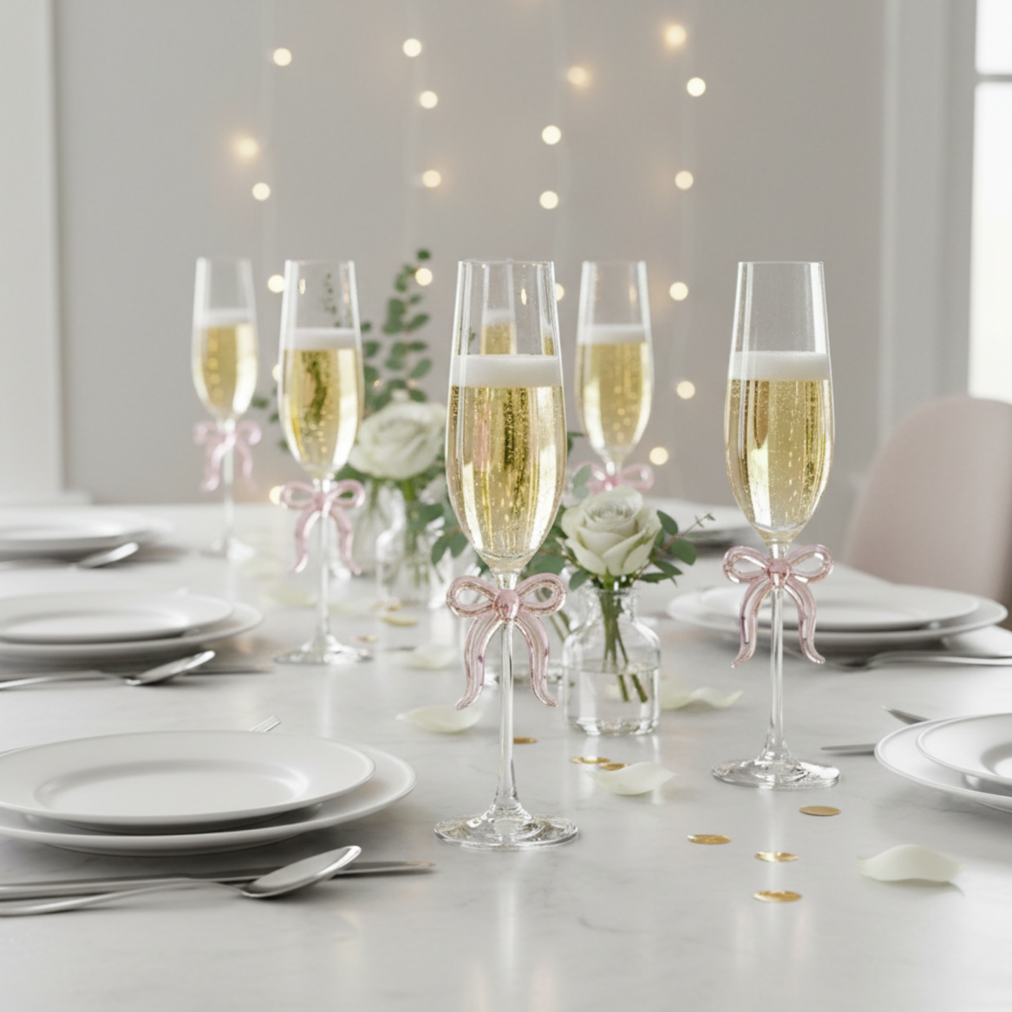 Single Clear Champagne Glass with Pink Bow on Stem, One Piece